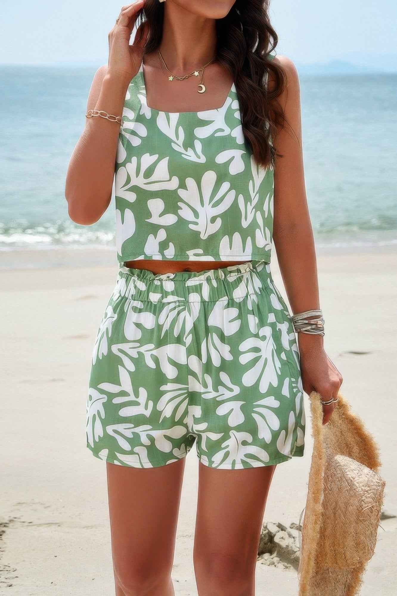 Allover Print Sleeveless Square Neck Elastic Sets