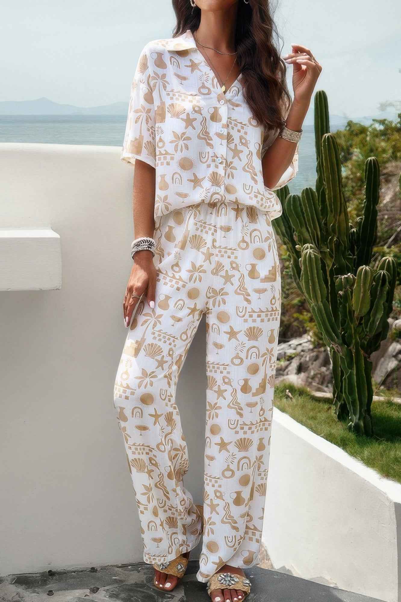 Print Front Button Two Pieces Blouse Sets