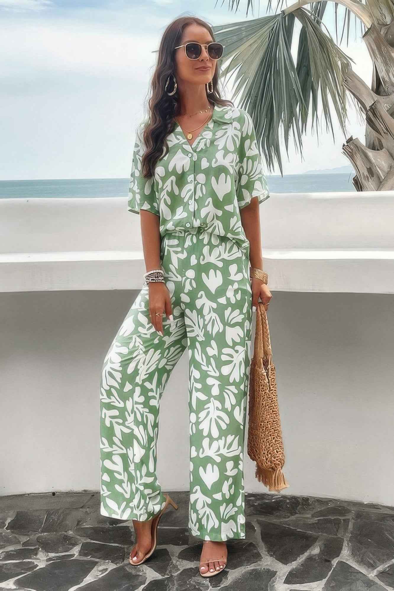 Print Front Button Two Pieces Blouse Sets