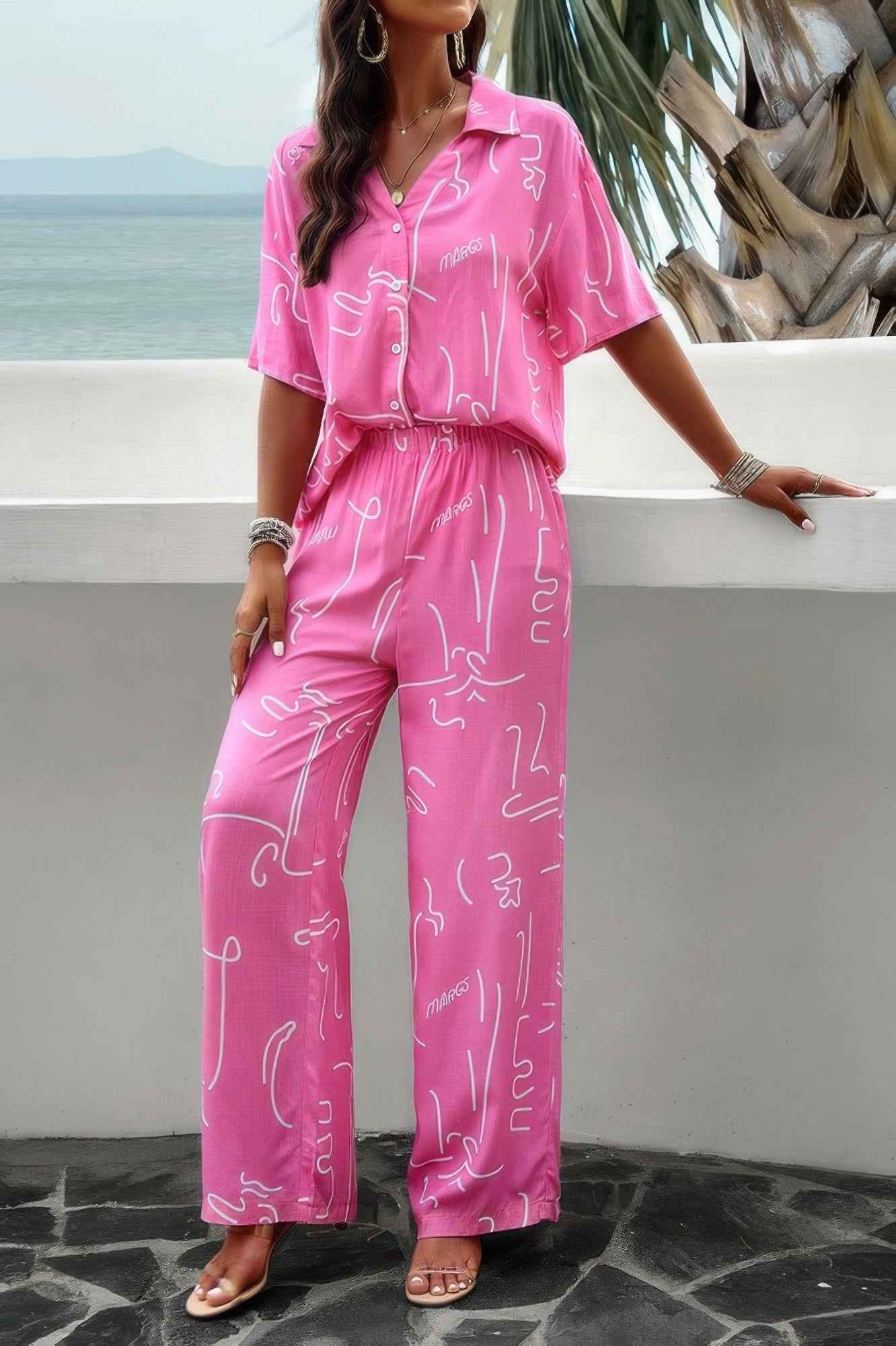 Print Front Button Two Pieces Blouse Sets