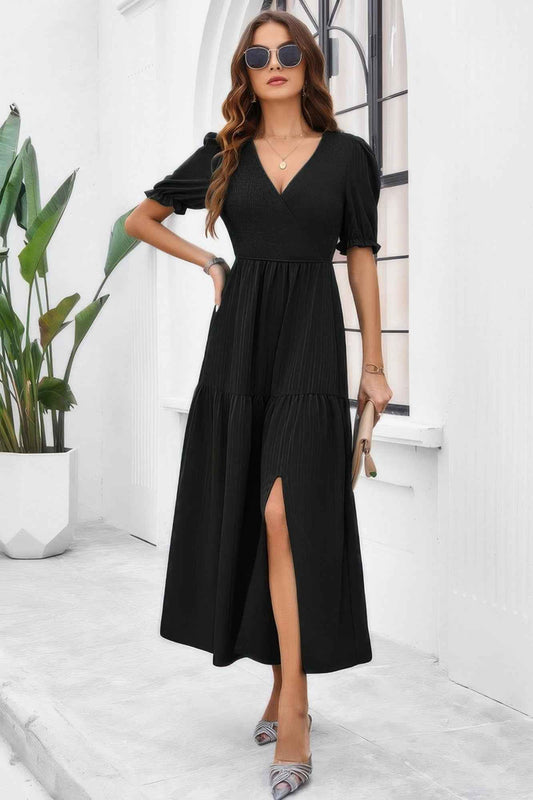 Solid V Neck Ruched High Waist Puff Sleeve Dress