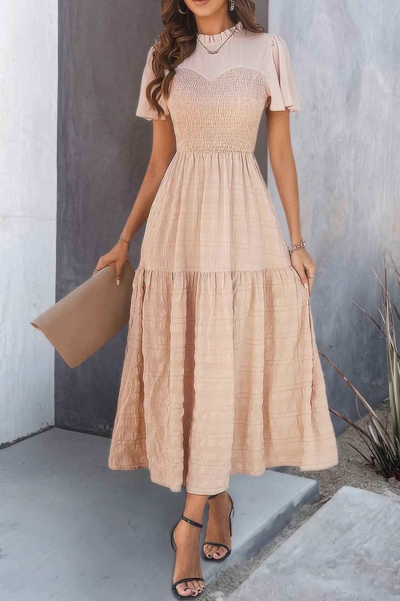 Ruffle Sleeve And Hem Top Shirred Crew Neck Dress