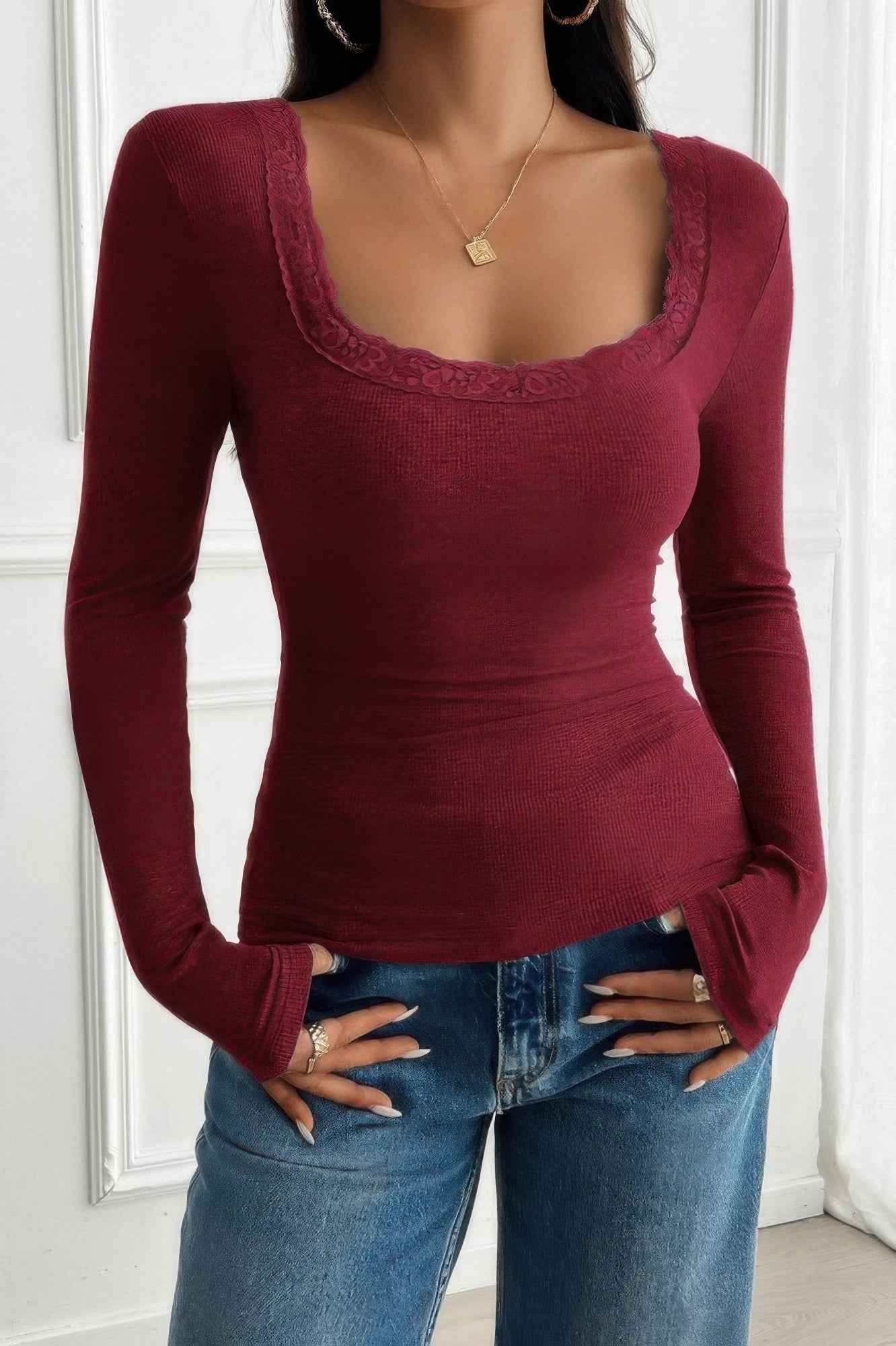 Square Neck Lace Trim Patchwork Slim Fit Shirt