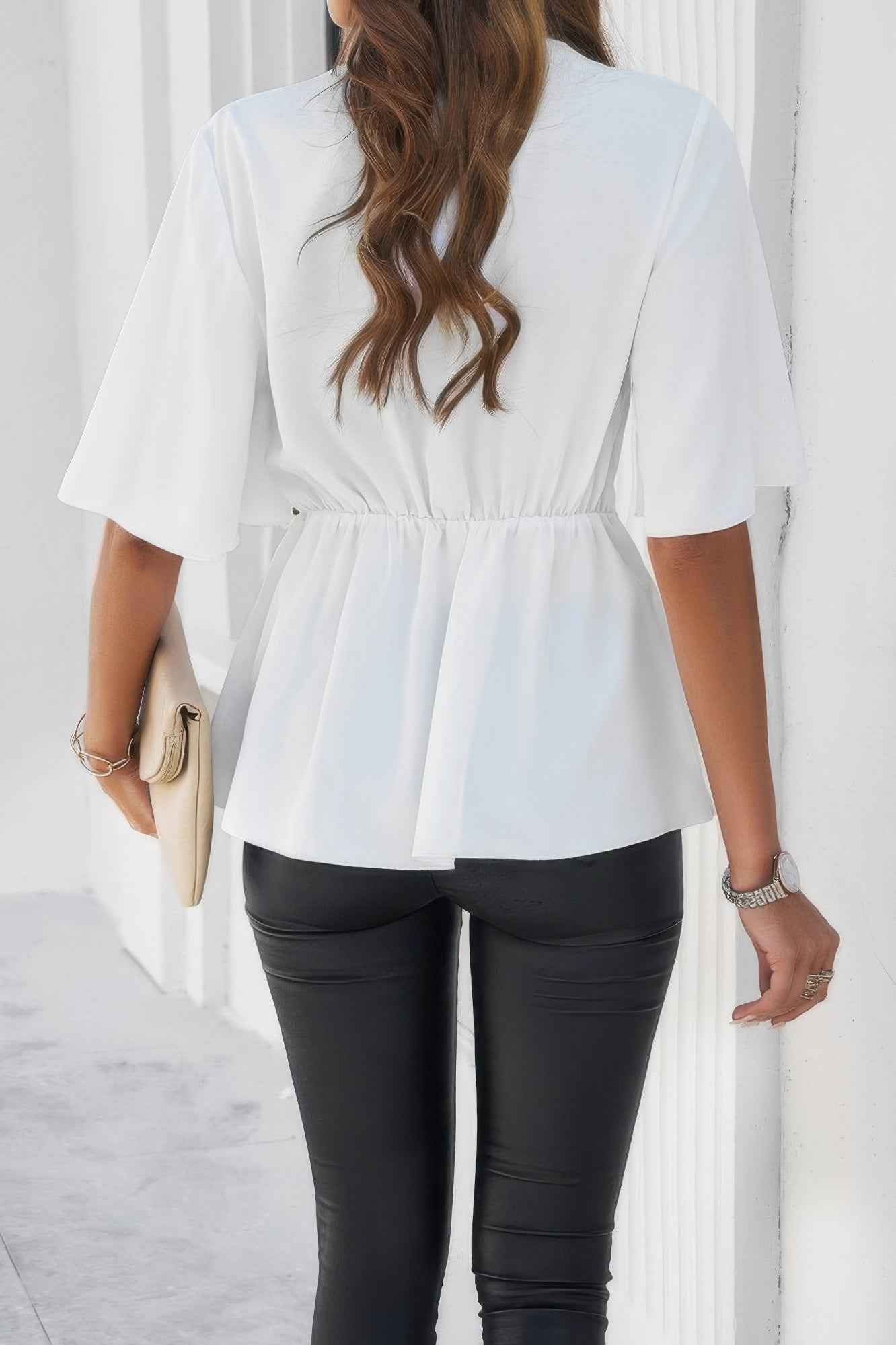 V Neck Peplum Tie Front Short Bell Sleeve Shirt