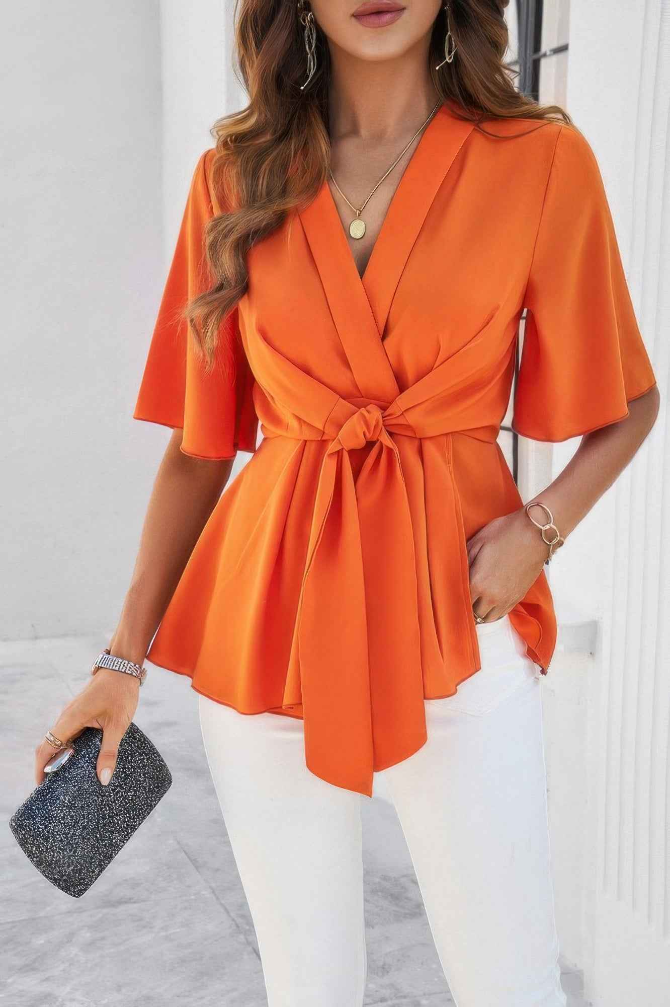 V Neck Peplum Tie Front Short Bell Sleeve Shirt