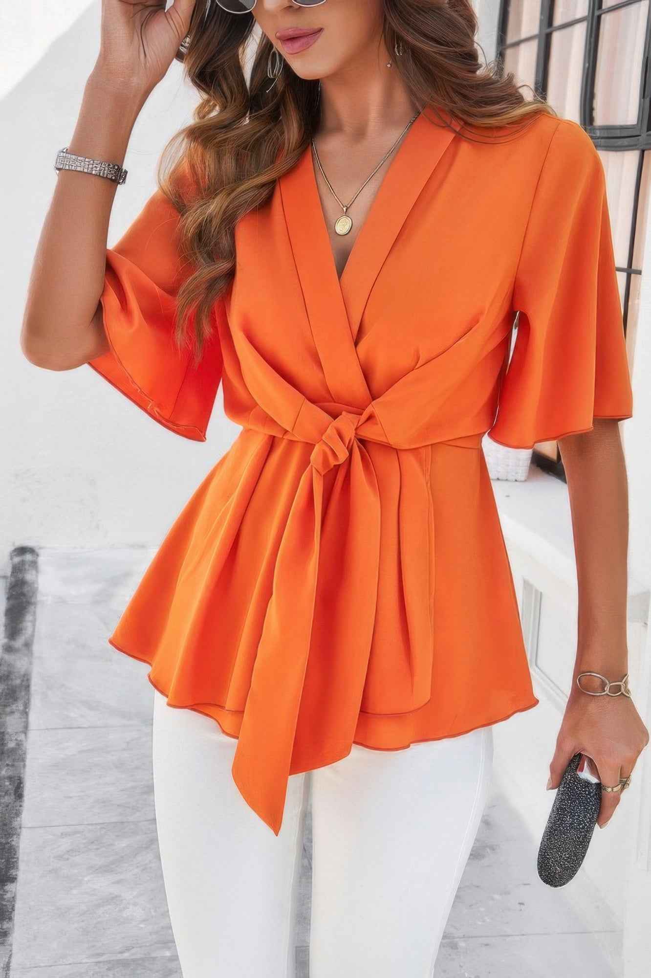 V Neck Peplum Tie Front Short Bell Sleeve Shirt