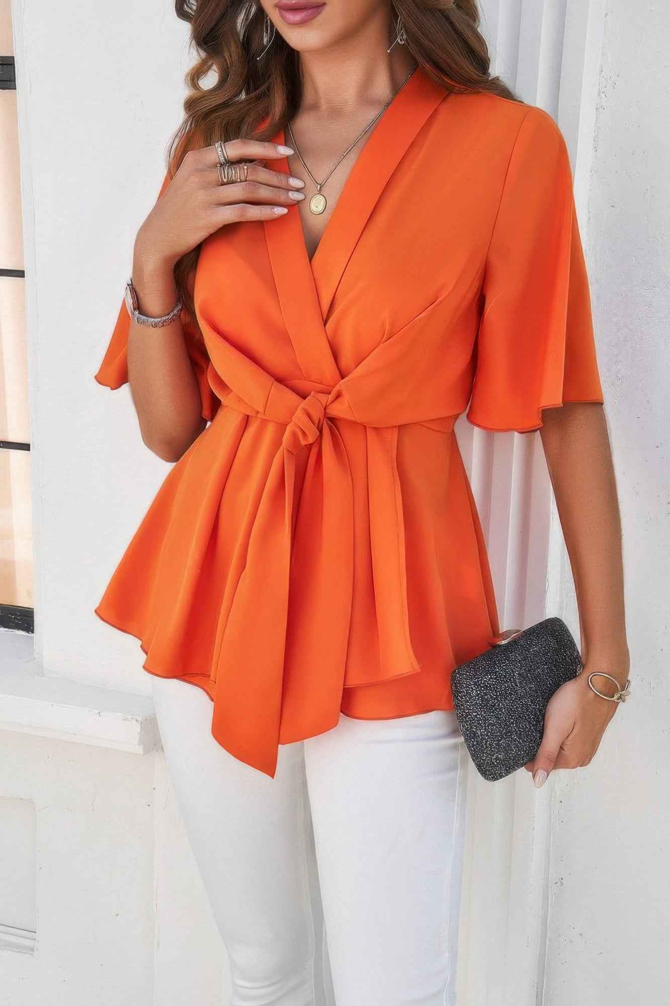 V Neck Peplum Tie Front Short Bell Sleeve Shirt