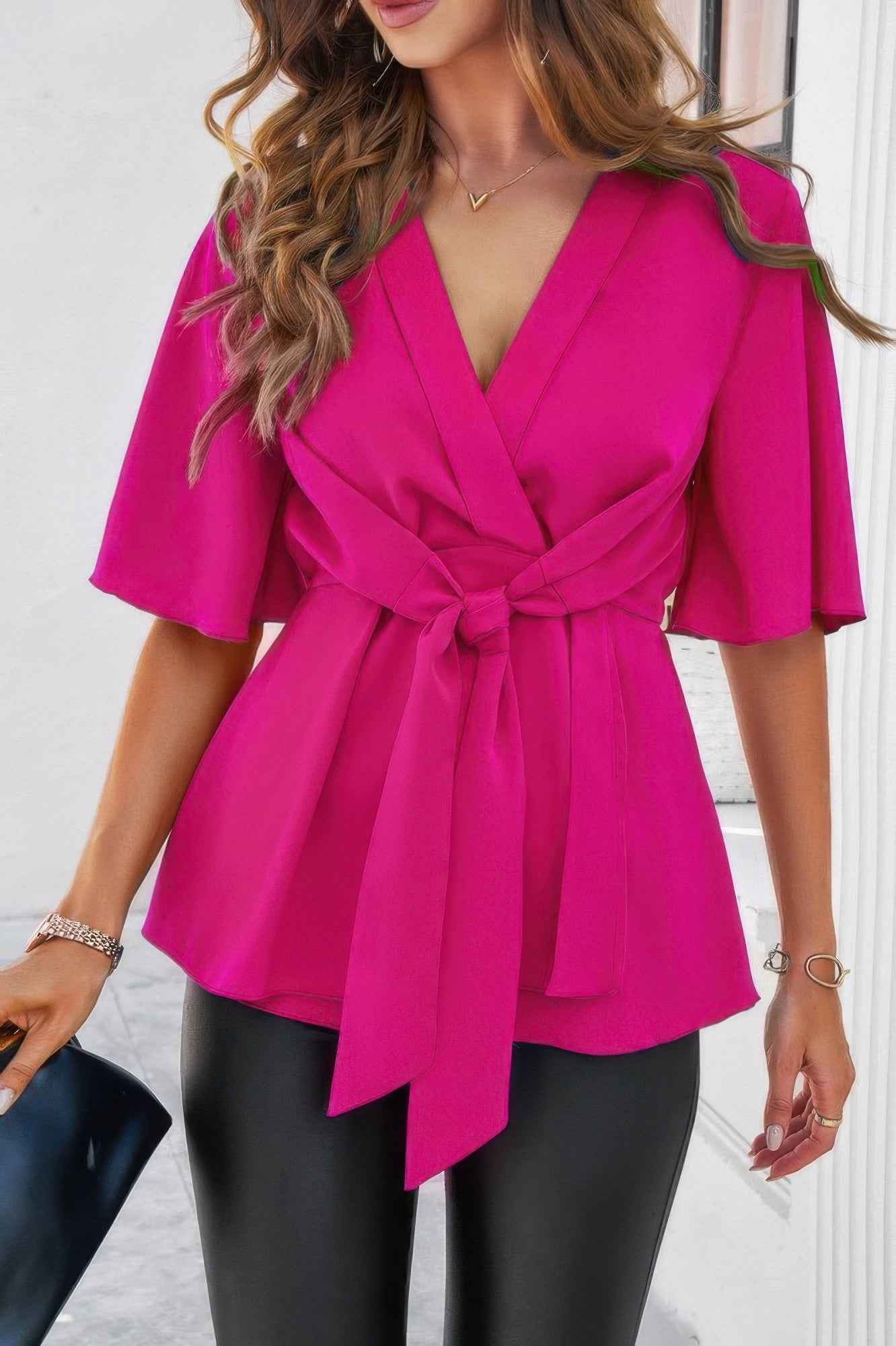 V Neck Peplum Tie Front Short Bell Sleeve Shirt