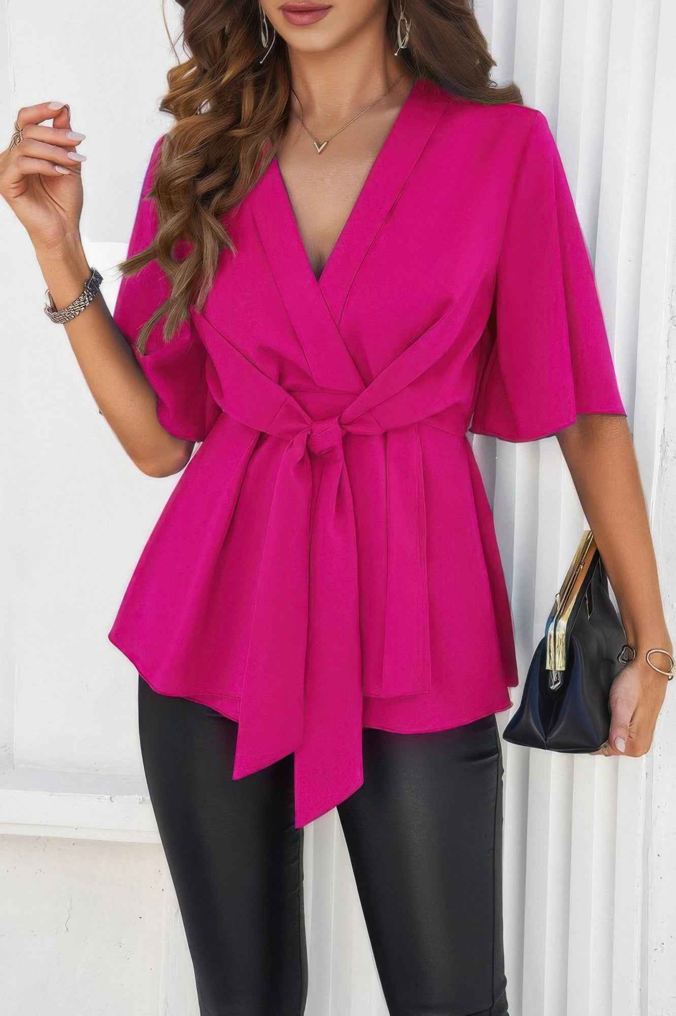 V Neck Peplum Tie Front Short Bell Sleeve Shirt