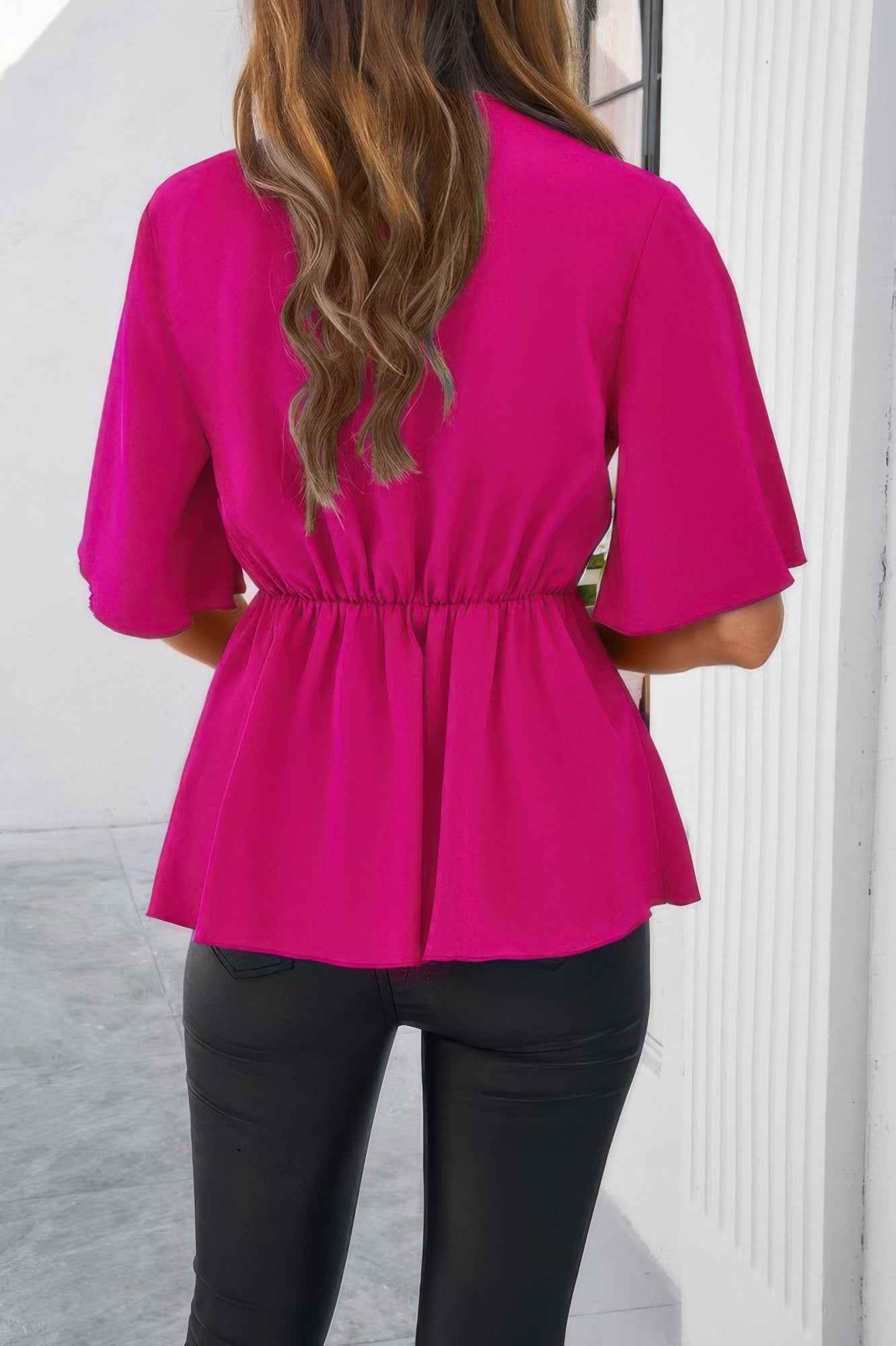 V Neck Peplum Tie Front Short Bell Sleeve Shirt