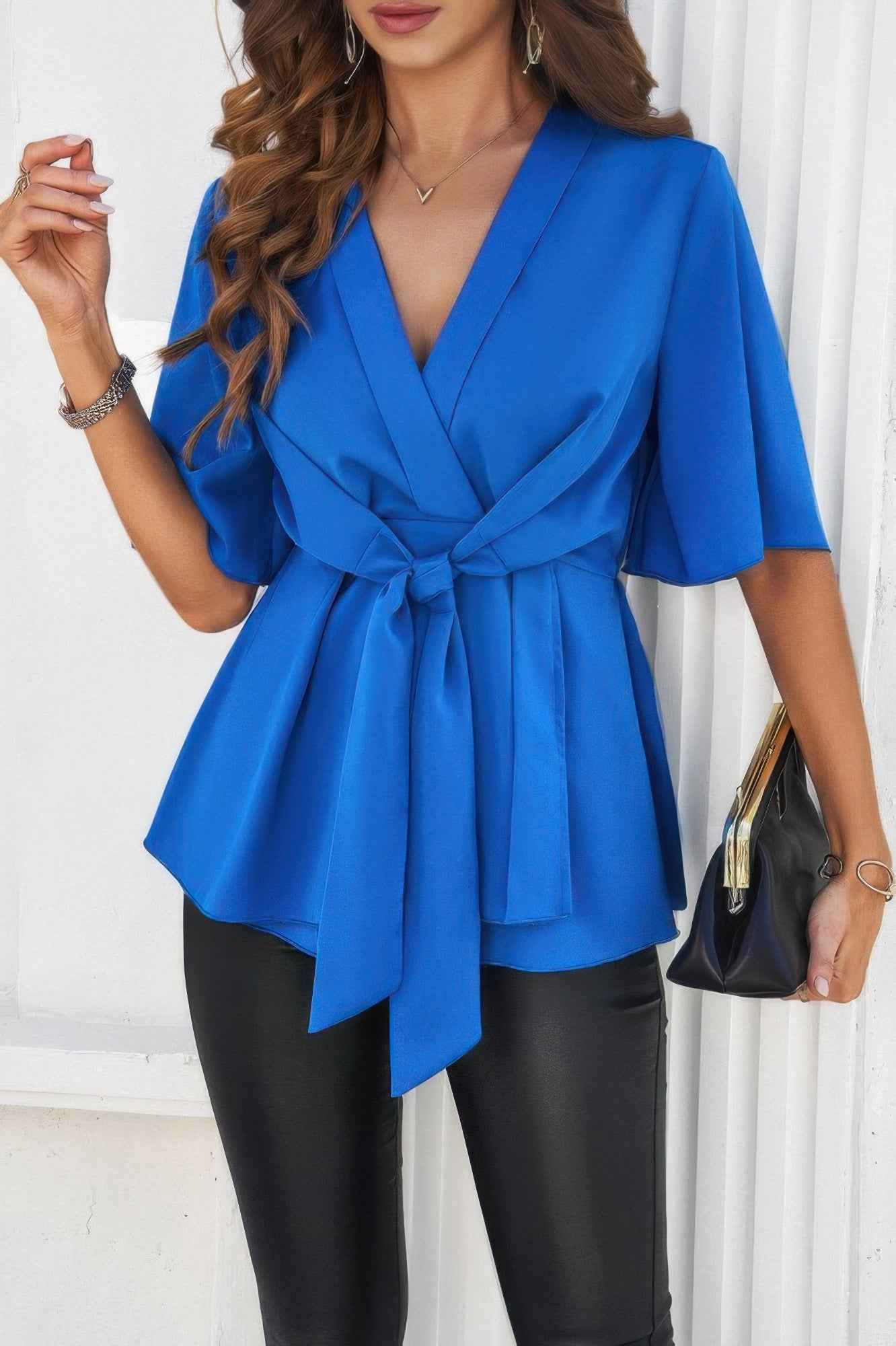 V Neck Peplum Tie Front Short Bell Sleeve Shirt