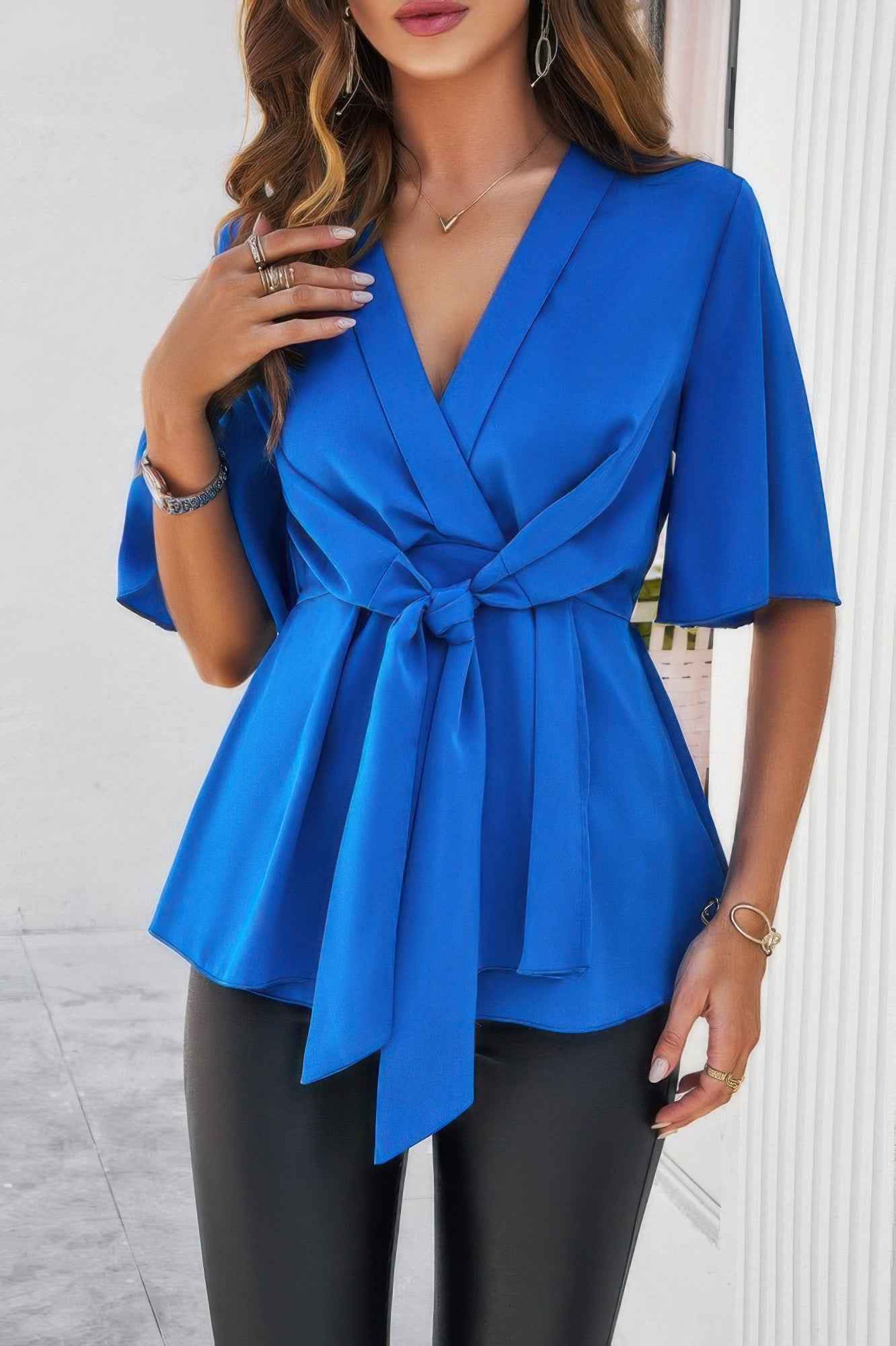 V Neck Peplum Tie Front Short Bell Sleeve Shirt