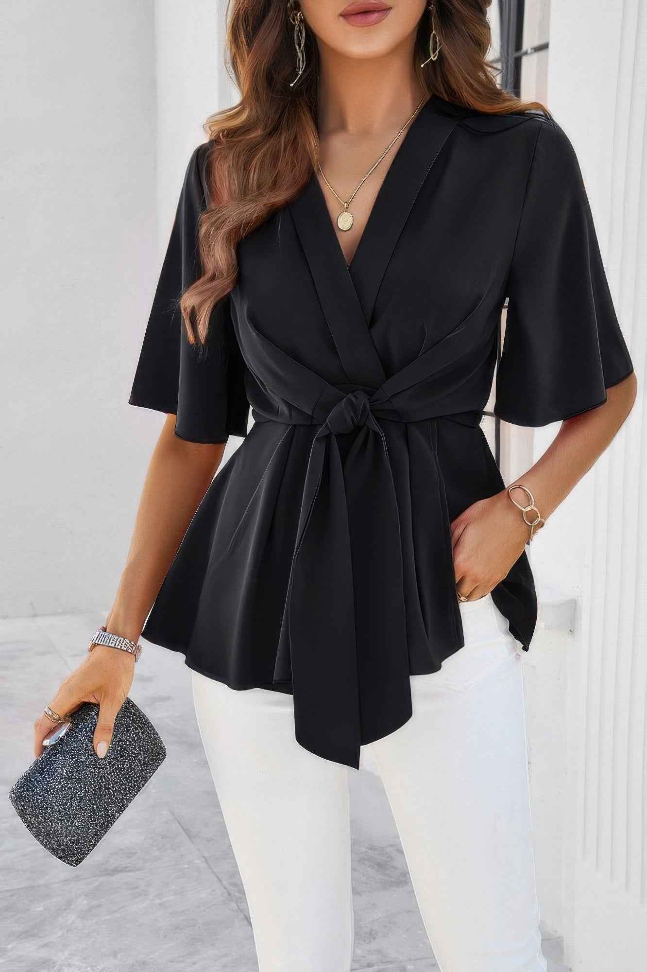 V Neck Peplum Tie Front Short Bell Sleeve Shirt