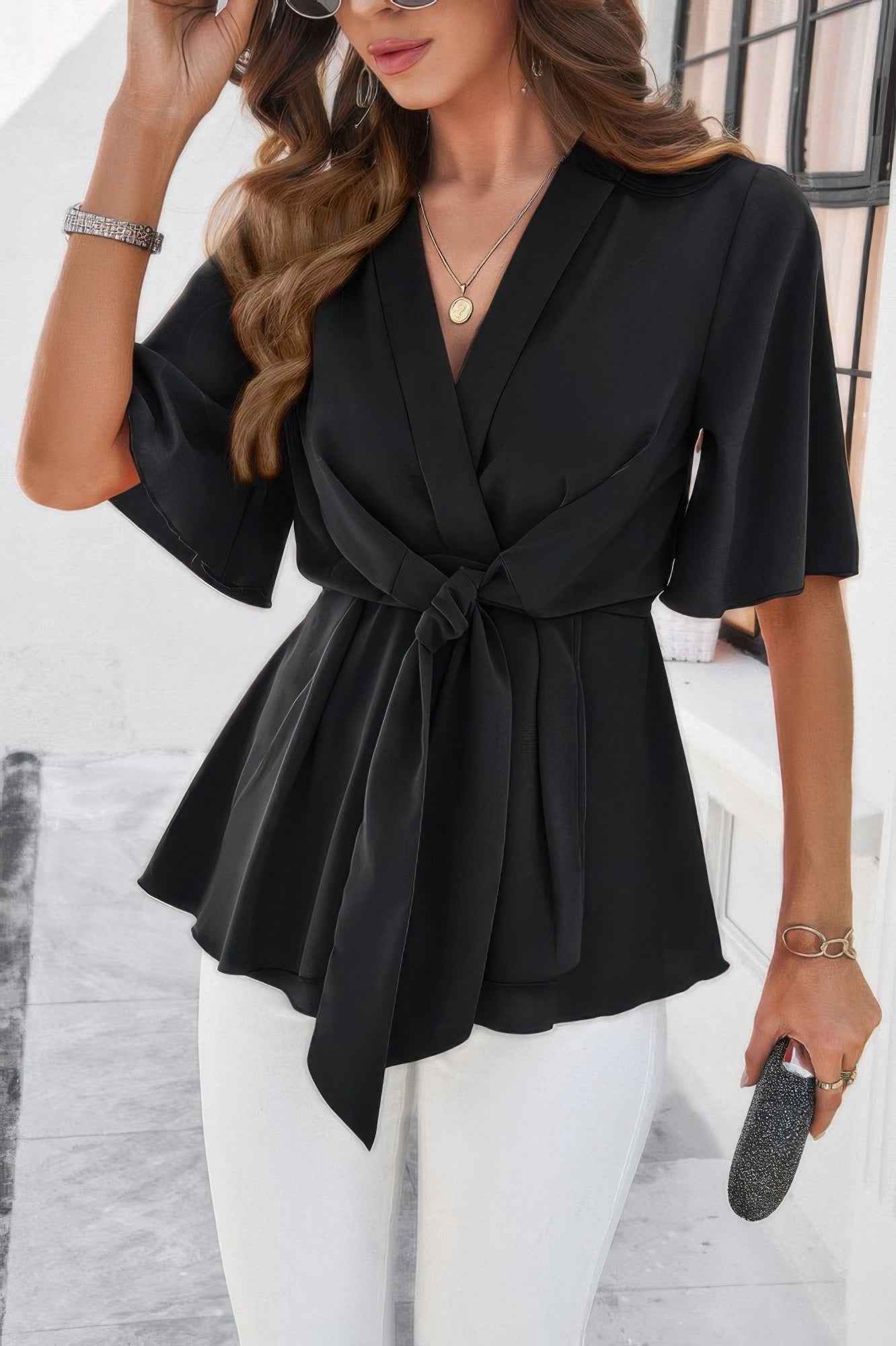V Neck Peplum Tie Front Short Bell Sleeve Shirt