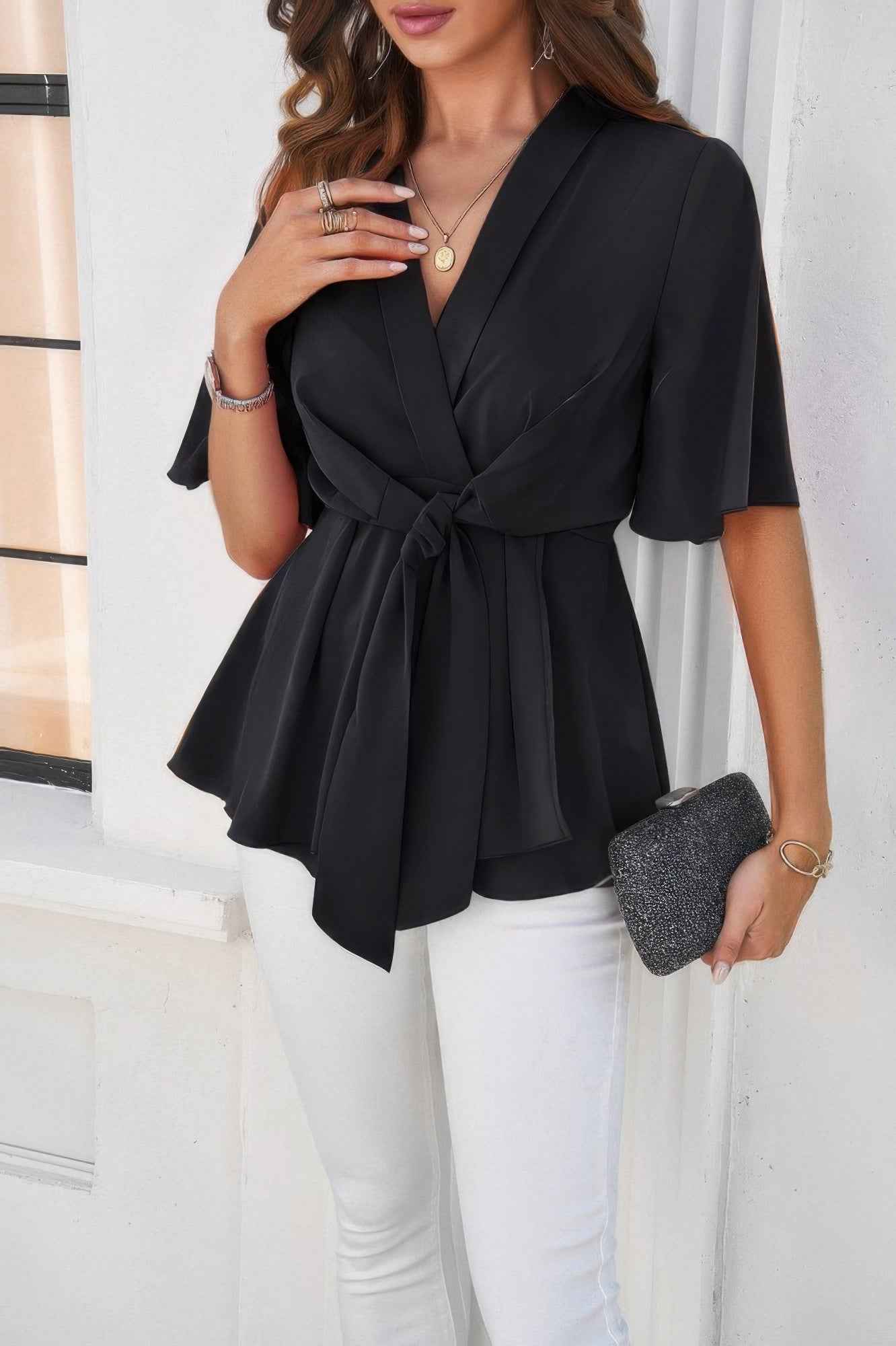 V Neck Peplum Tie Front Short Bell Sleeve Shirt