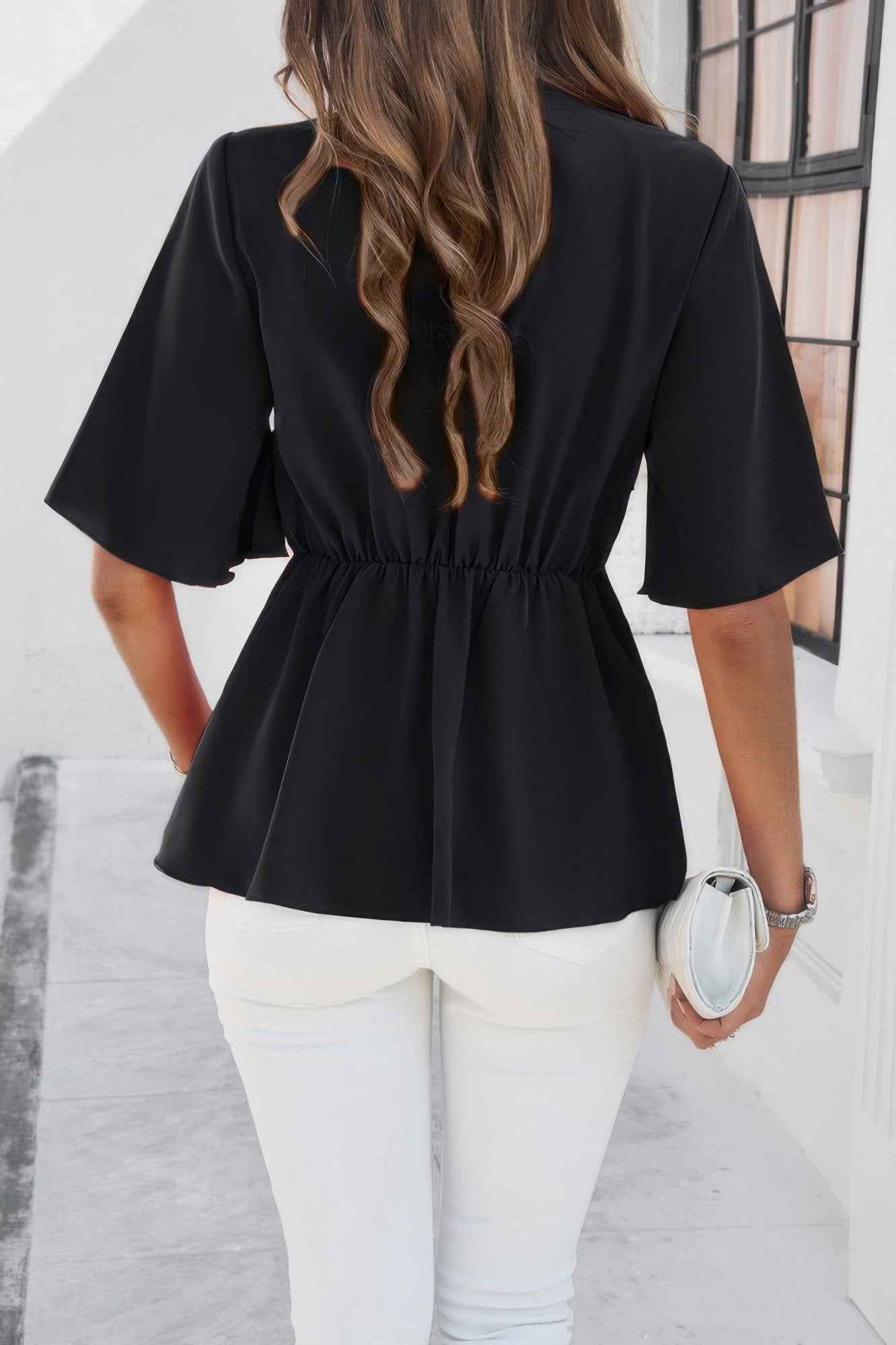 V Neck Peplum Tie Front Short Bell Sleeve Shirt