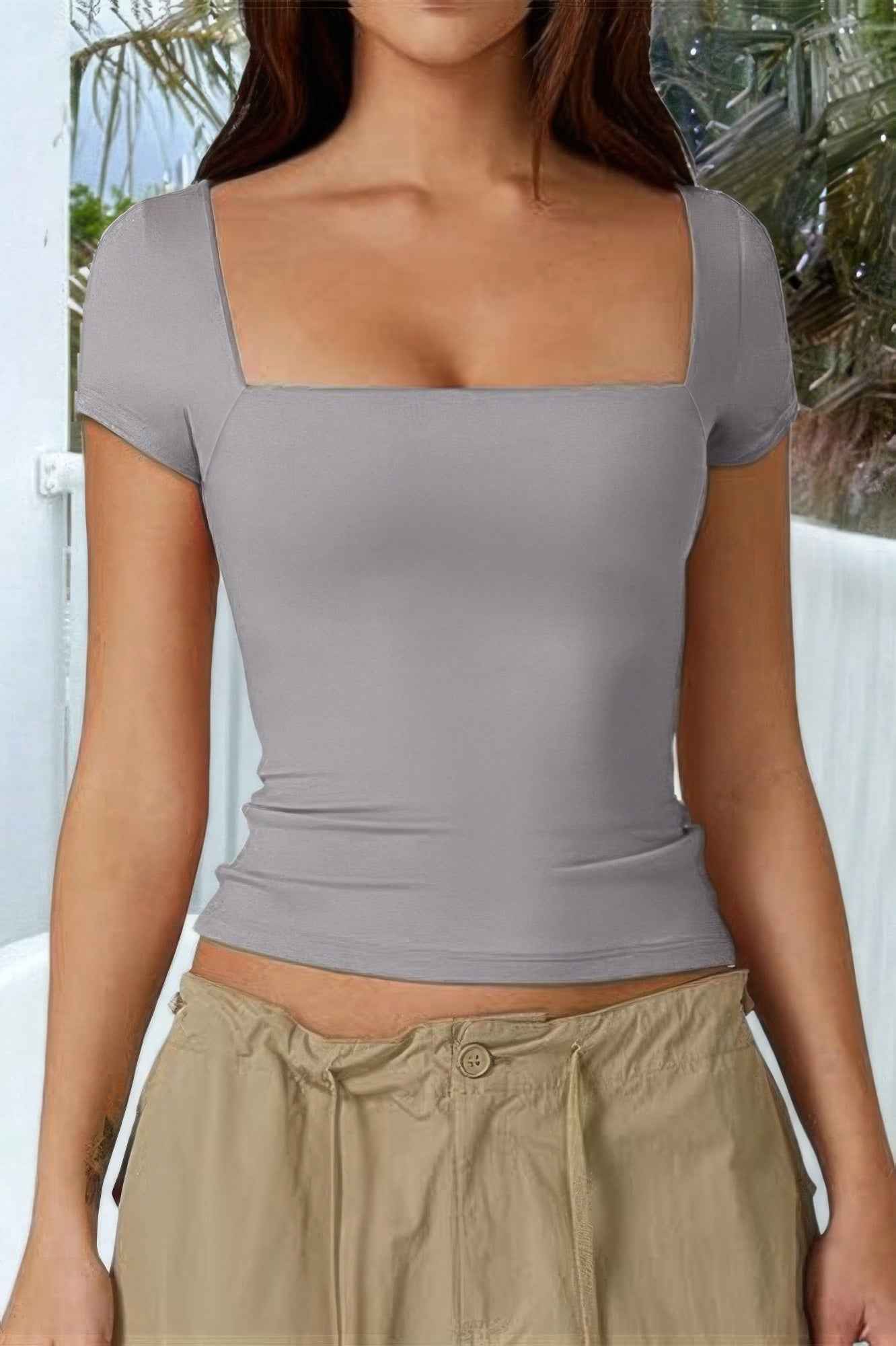 Square Neck Fit Elastic Short Sleeves Shirt