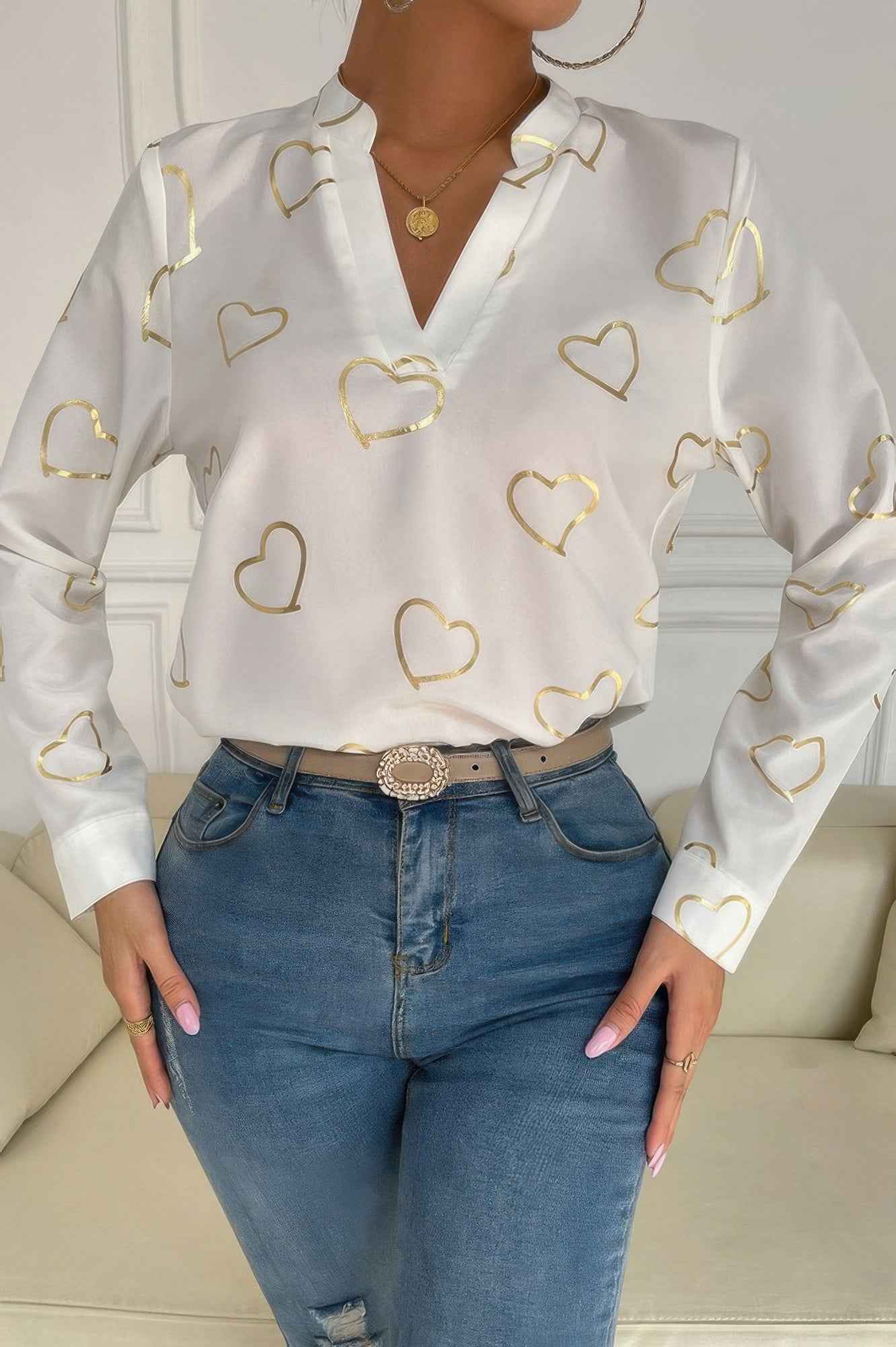 Heart Print V Neck Fit Blouse