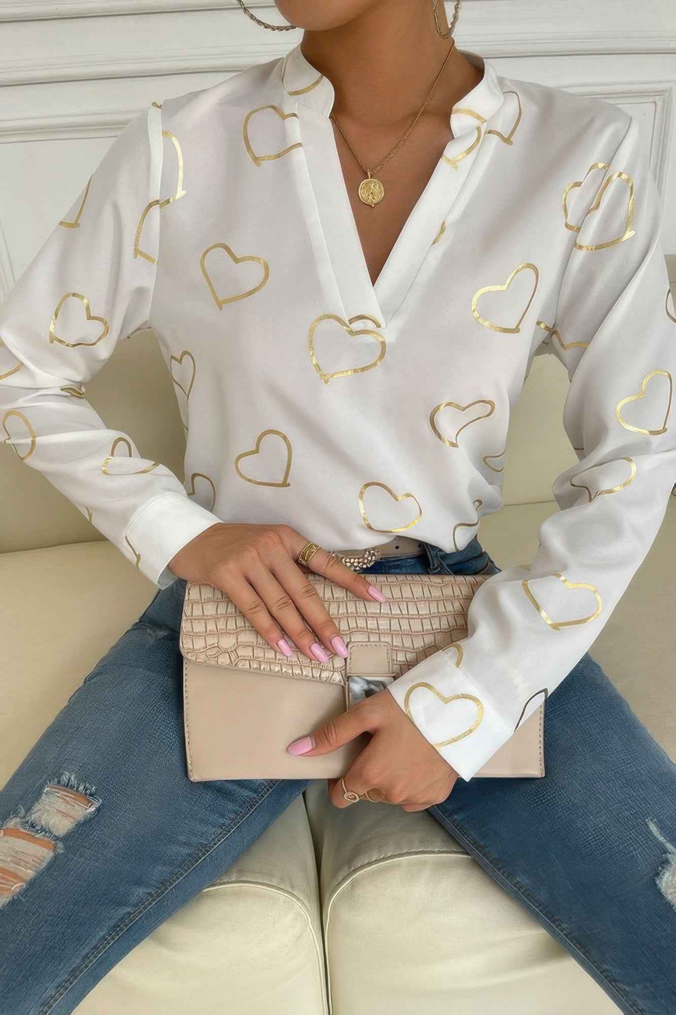 Heart Print V Neck Fit Blouse