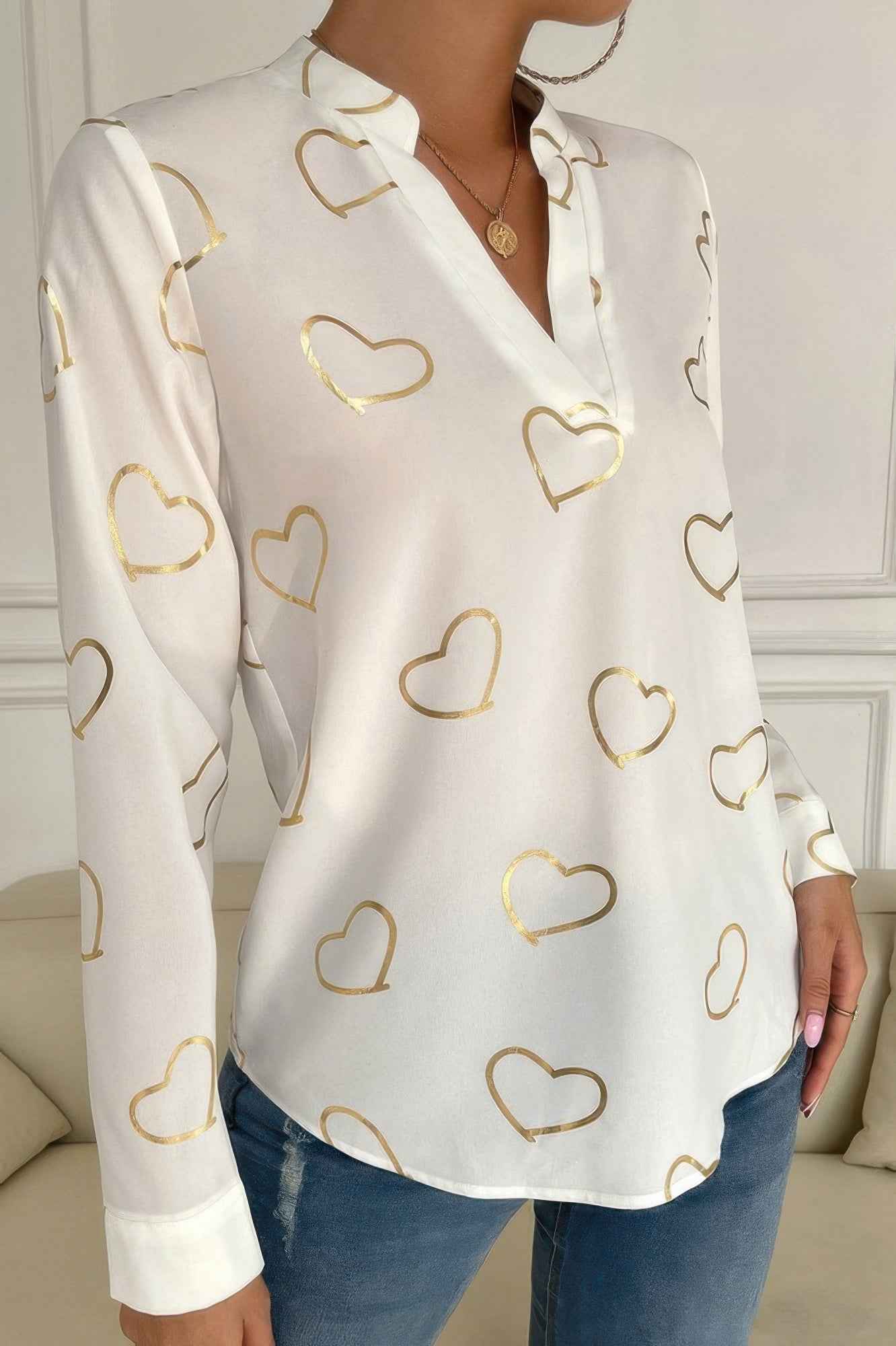 Heart Print V Neck Fit Blouse
