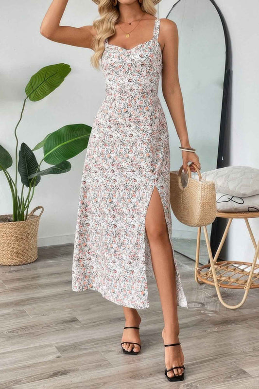 Straps Floral Print Split Hem Fit Long Dress