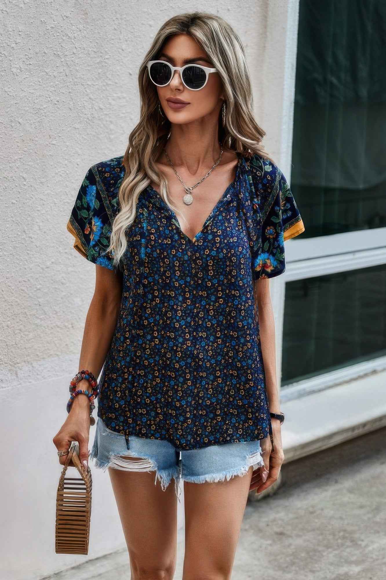 Floral Boho Ruffle V Neck Short Sleeve Loose Shirt