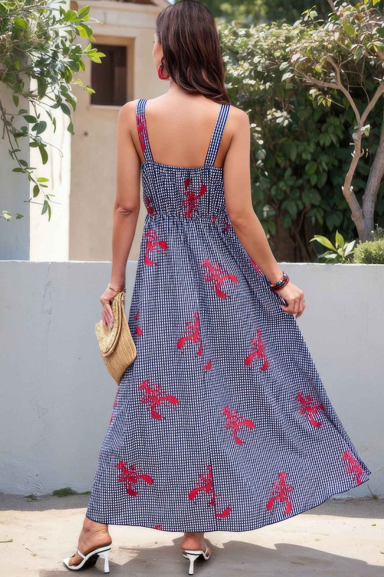 Plaid Lobster Print A Line Ruched Dress