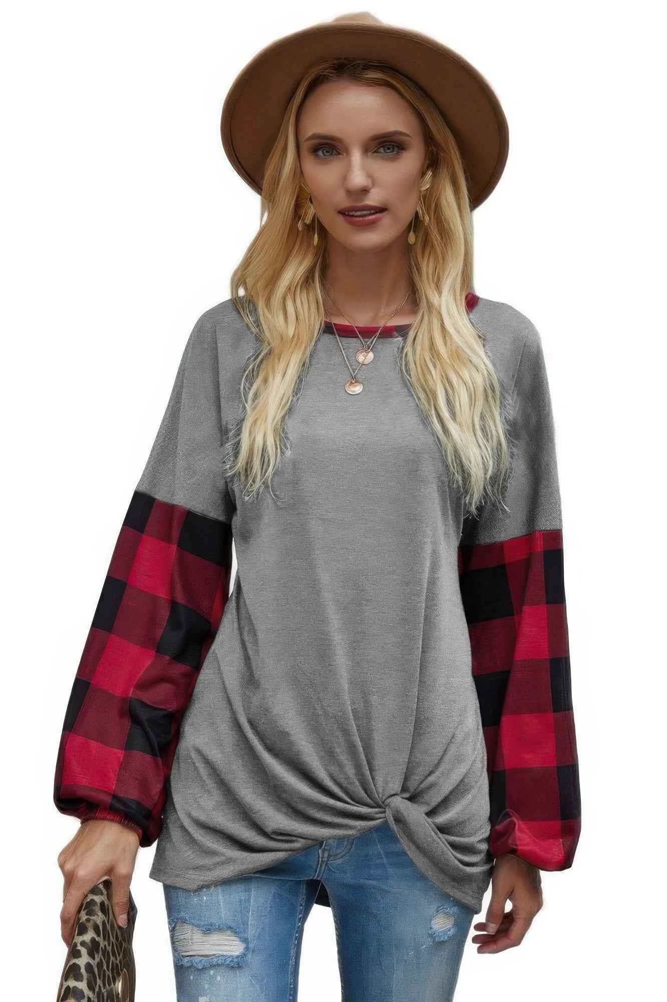 Round Neck Lantern Sleeve Patchwork Pullover