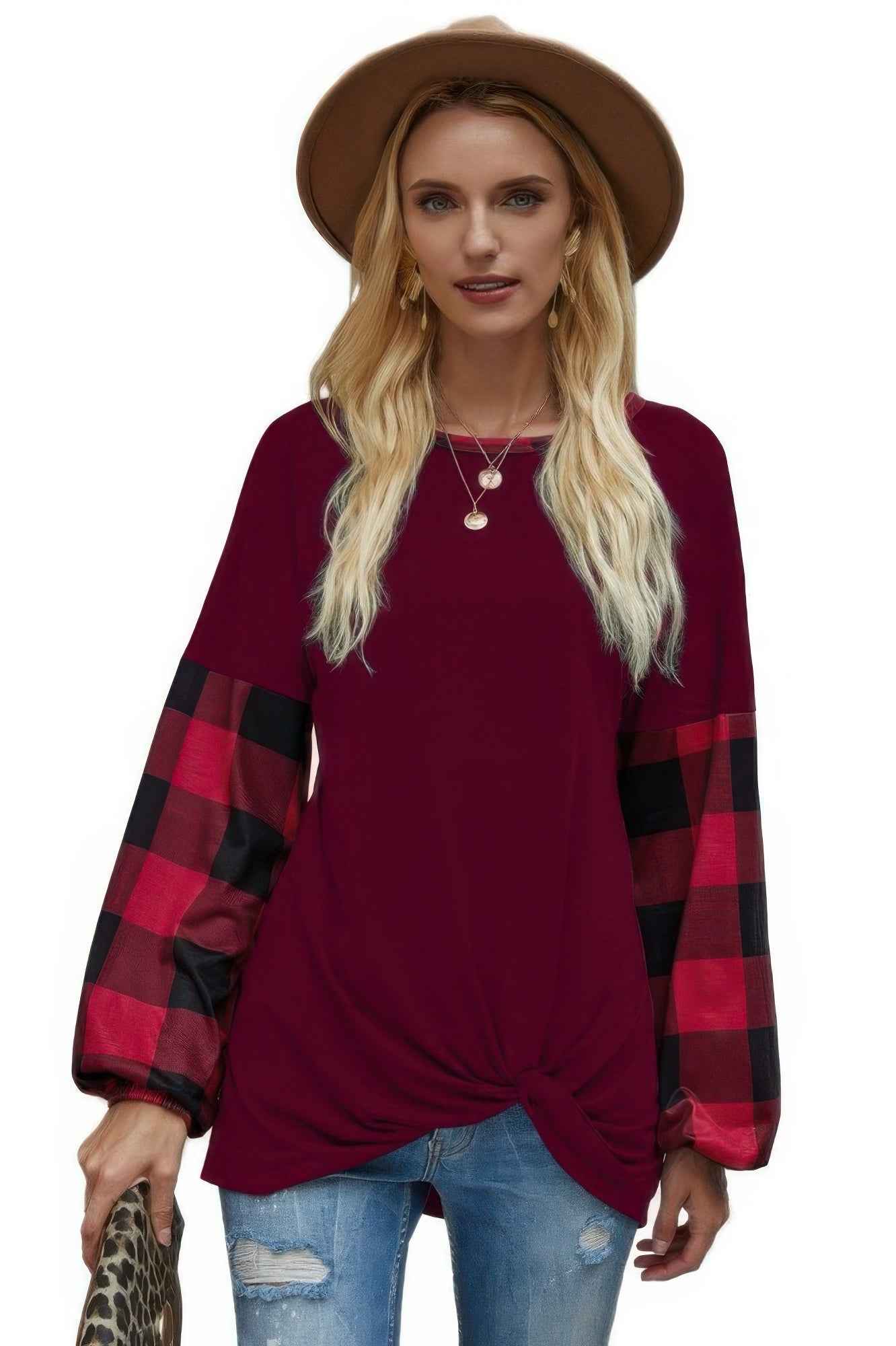Round Neck Lantern Sleeve Patchwork Pullover
