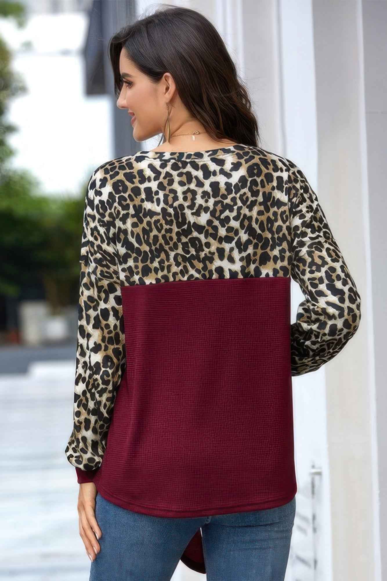 Leopard Stitching Bow Knit Crew Neck Loose Pullover