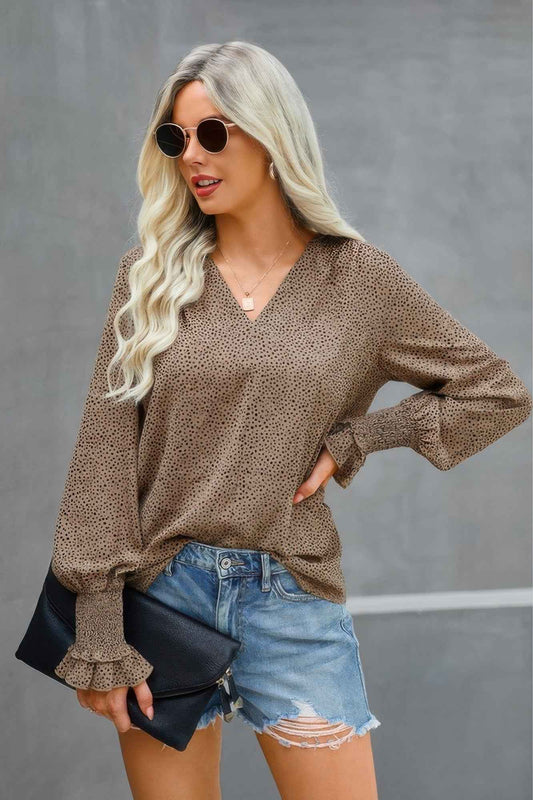 Dot V Neck Loose Fit Ruffle Long Sleeves Blouse
