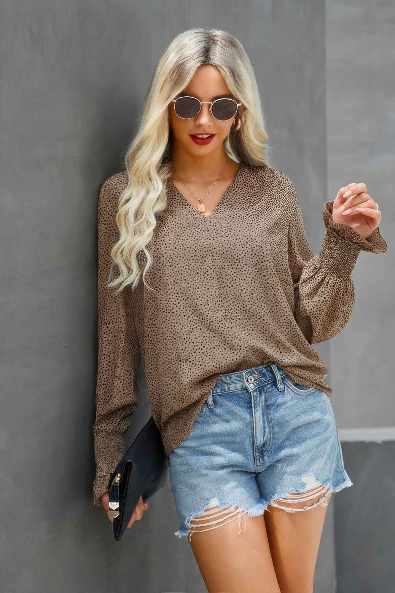 Dot V Neck Loose Fit Ruffle Long Sleeves Blouse
