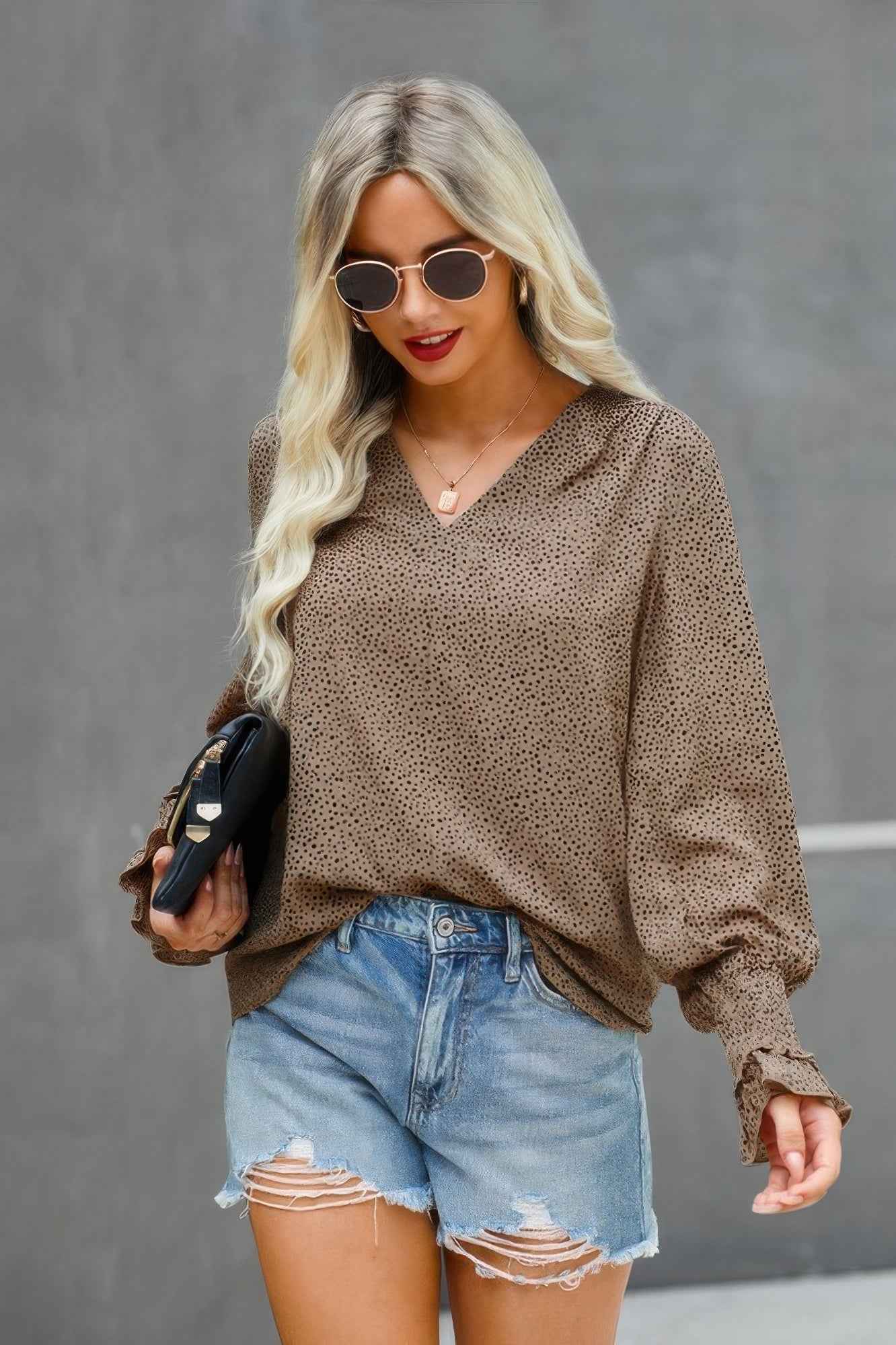 Dot V Neck Loose Fit Ruffle Long Sleeves Blouse