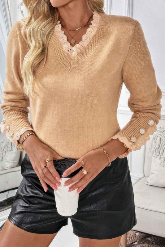 Solid Crew Neck Lace Trim Button Pullover Sweater