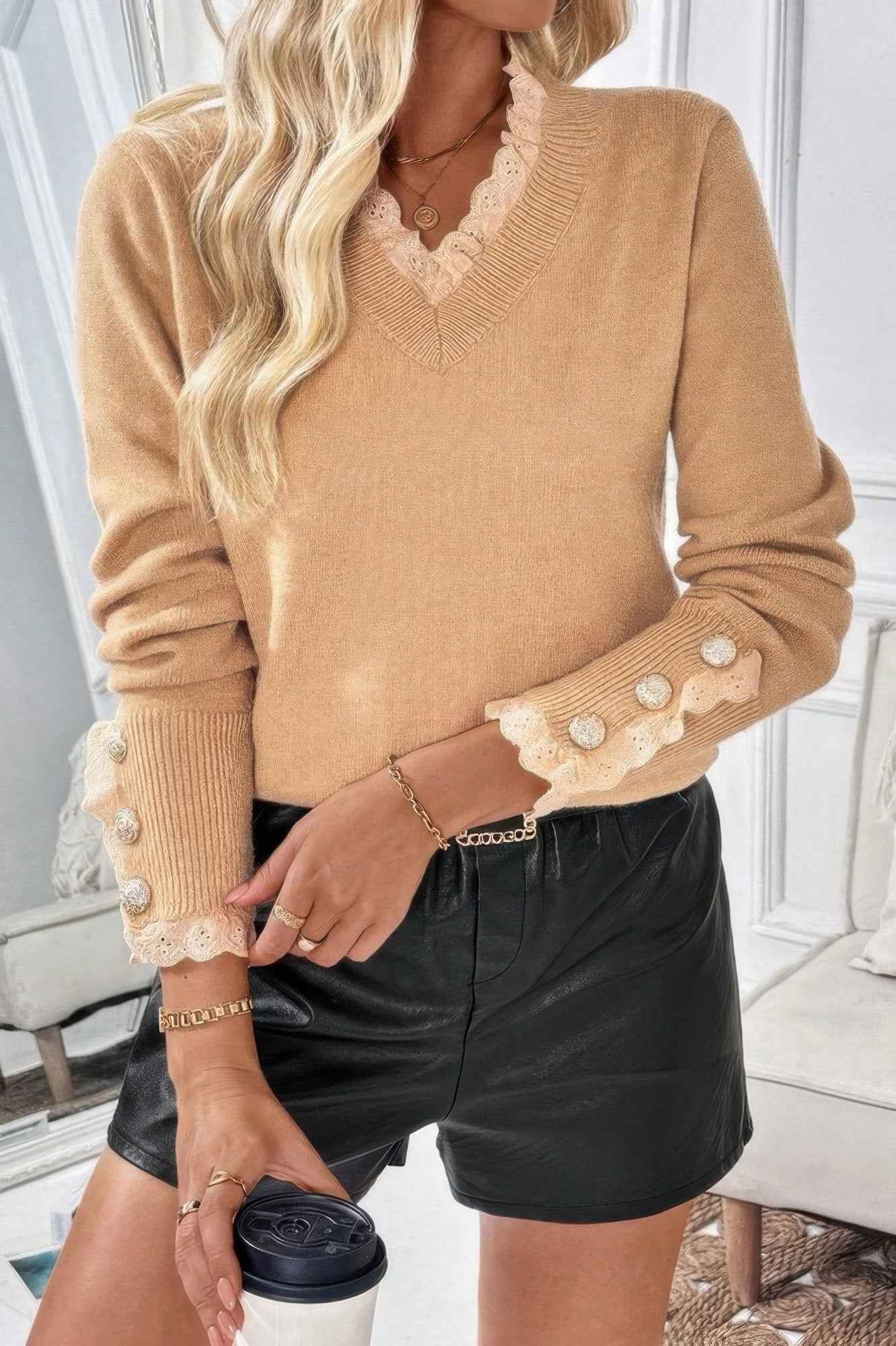 Solid Crew Neck Lace Trim Button Pullover Sweater