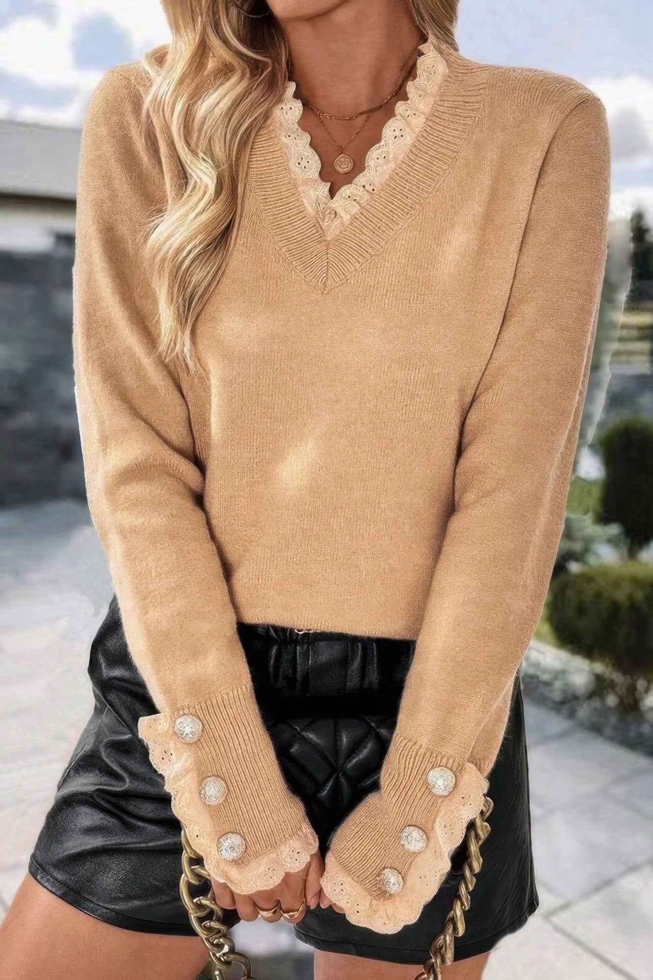Solid Crew Neck Lace Trim Button Pullover Sweater