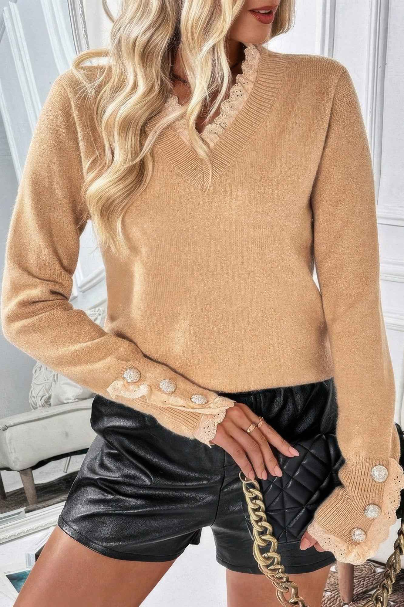Solid Crew Neck Lace Trim Button Pullover Sweater