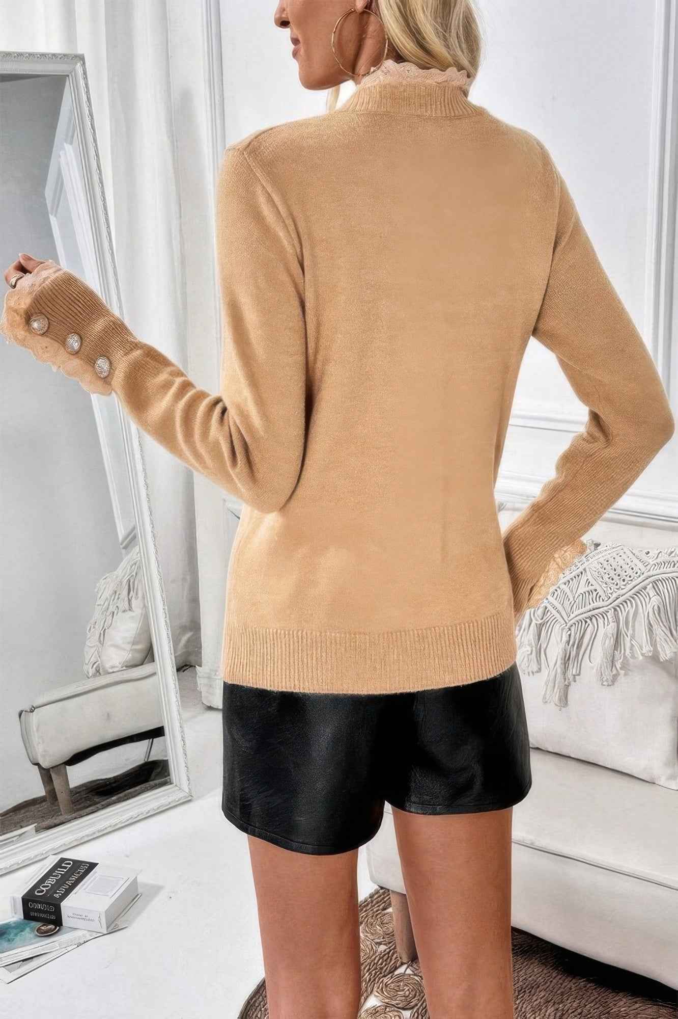 Solid Crew Neck Lace Trim Button Pullover Sweater
