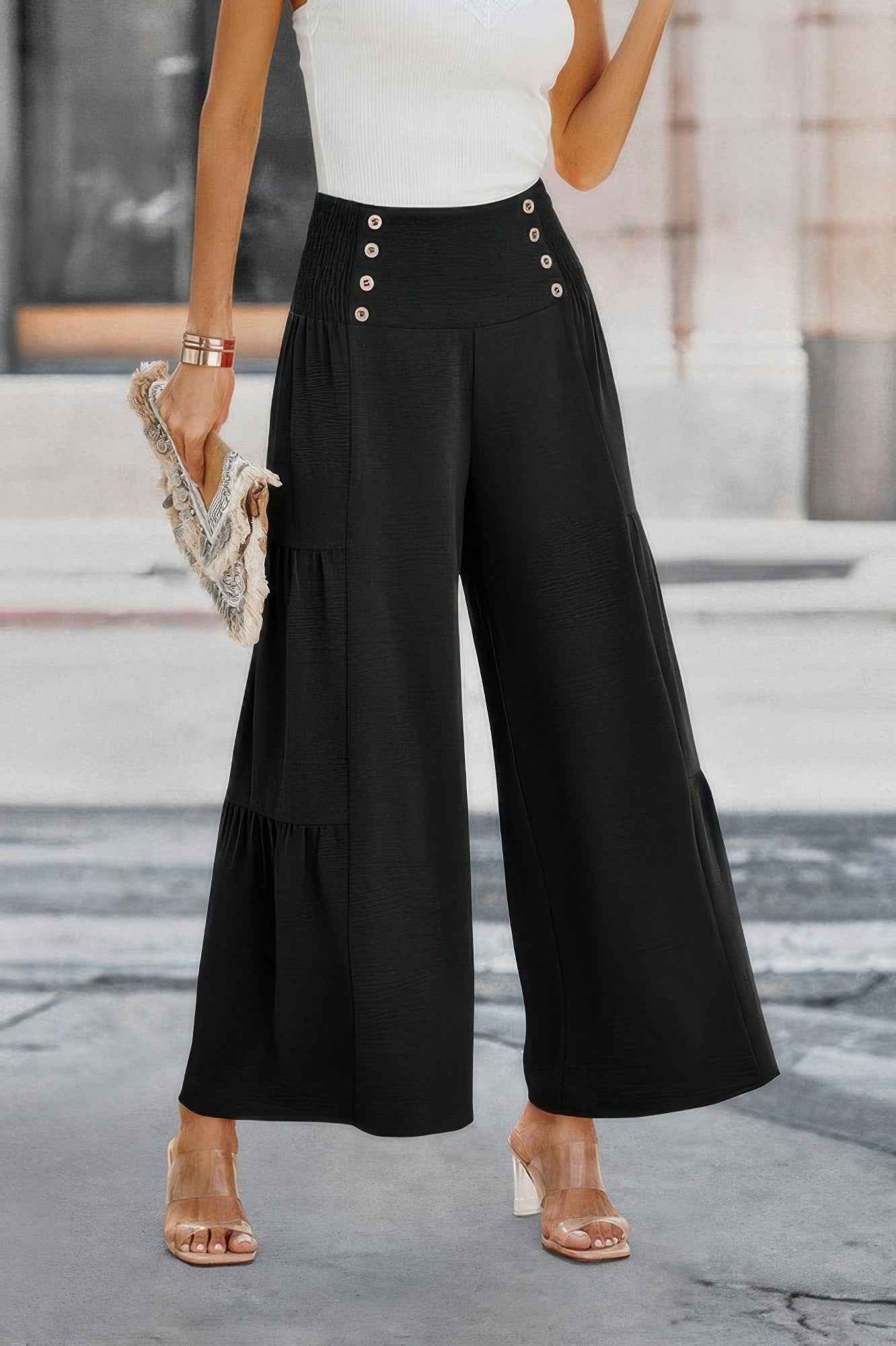 Solid Ruffle Button Wide Leg Pant