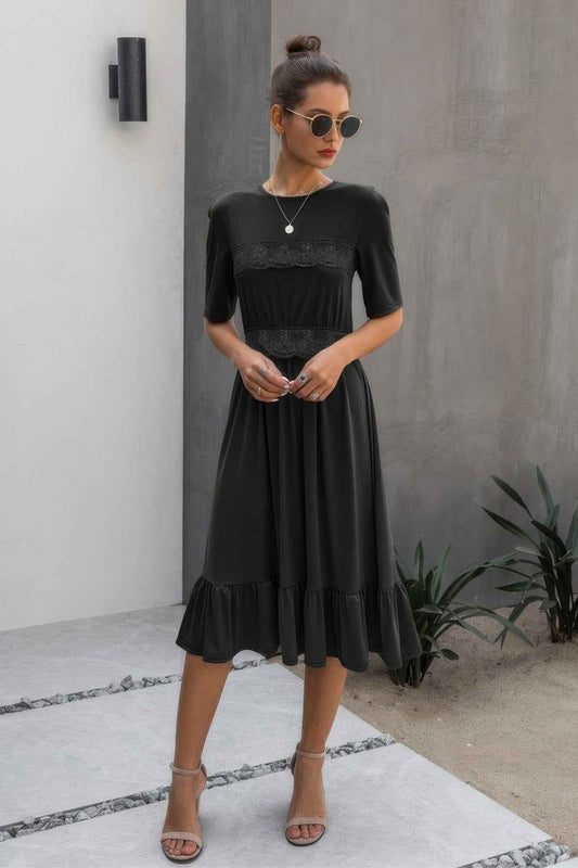 Plus Size Round Neck Lace Detail Ruffle Hem Midi Dress – Stylish & Comfortable – New Arrival Now Live