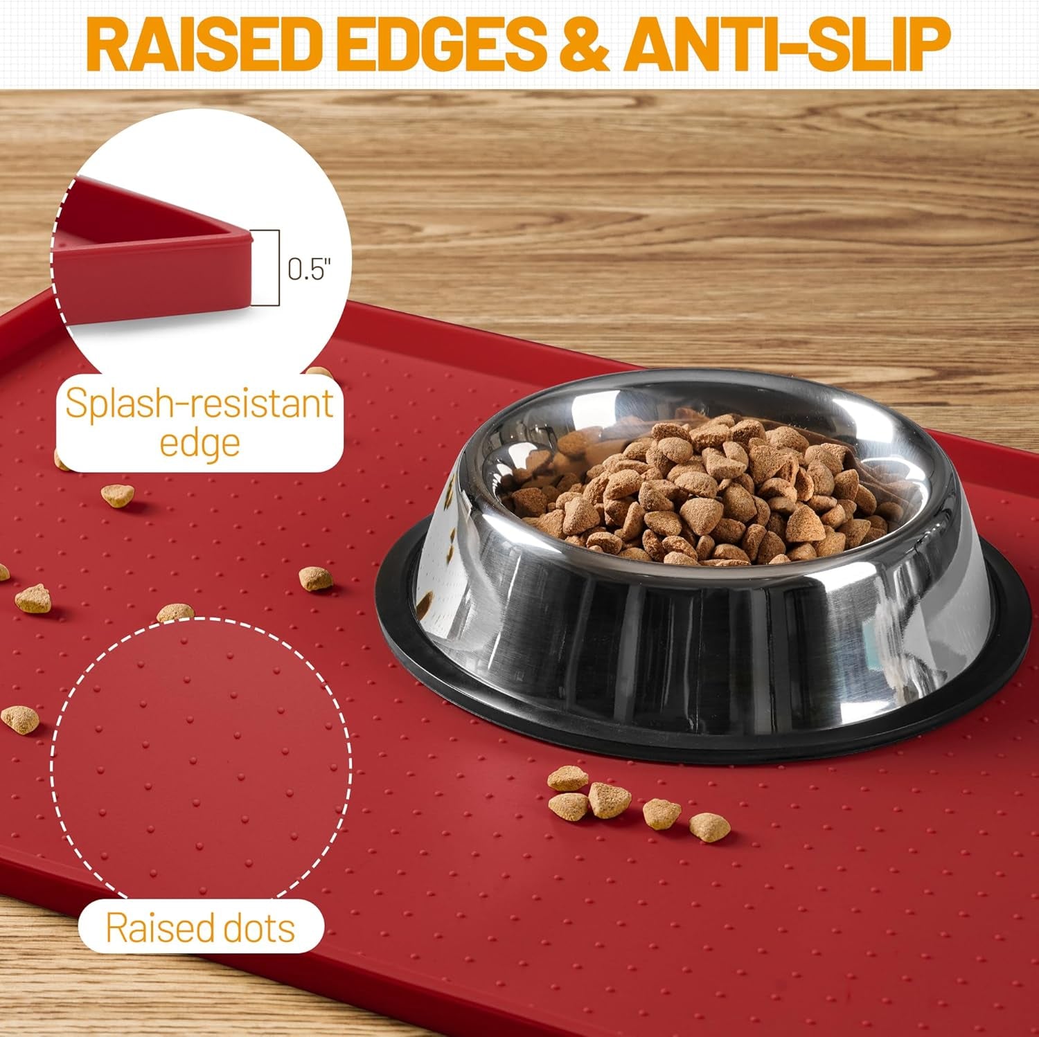 Dog Feeding Mat,100% Waterproof BPA Free Silicone Pet Food and Water Bowl Placemat,Dishwasher, High Raised Edge to Prevent Spills,Nonslip Tray to Stop Messes on Floor (19"X12"X0.5", Red) Pet's Supplies |