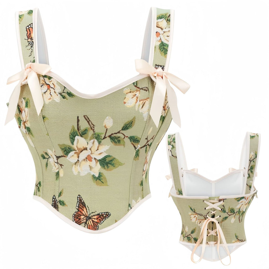 Medieval Style Bow Corset Women's Strapless Fitted Printed Sexy Crop Top