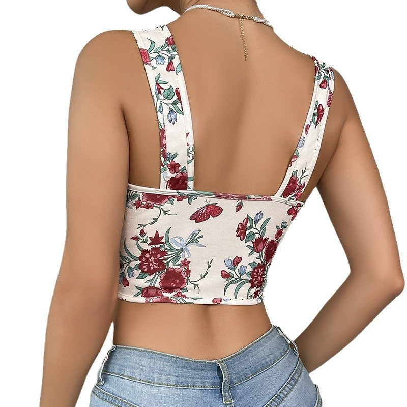 Retro printed sexy short lace up shaping corset with floral suspender vest top