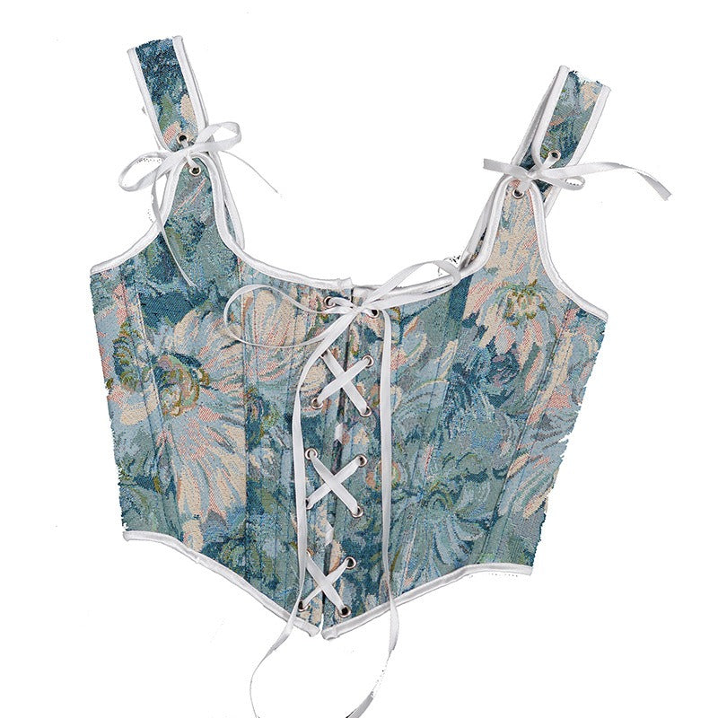 Ink Chrysanthemum Jacquard Half Pack Chest Strap Vintage Corset Waist Tie