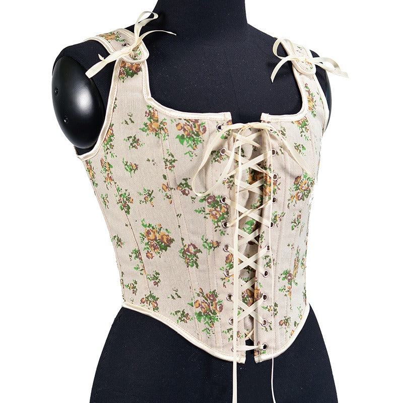 8 front strap French yellow rose print retro fishbone corset short tank top Bustier Crop