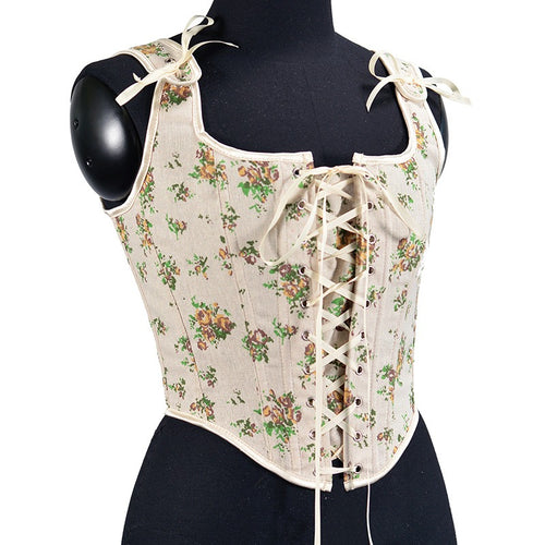 8 front strap French yellow rose print retro fishbone corset short tank top Bustier Crop