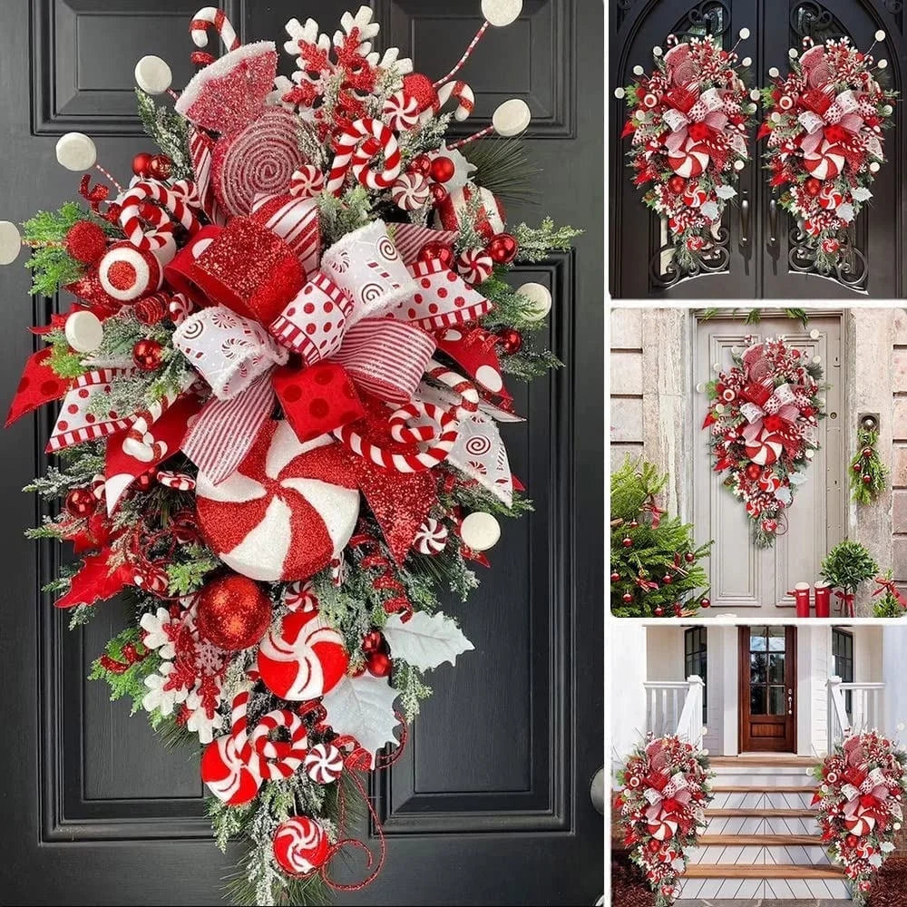 2PCS Candy Cane Christmas Wreath,Christmas Teardrop Swag Candy Cane,Red White Xmas Decoration with Ball Ornaments,Christmas Garland for Holiday Wall Door Hanging Decor