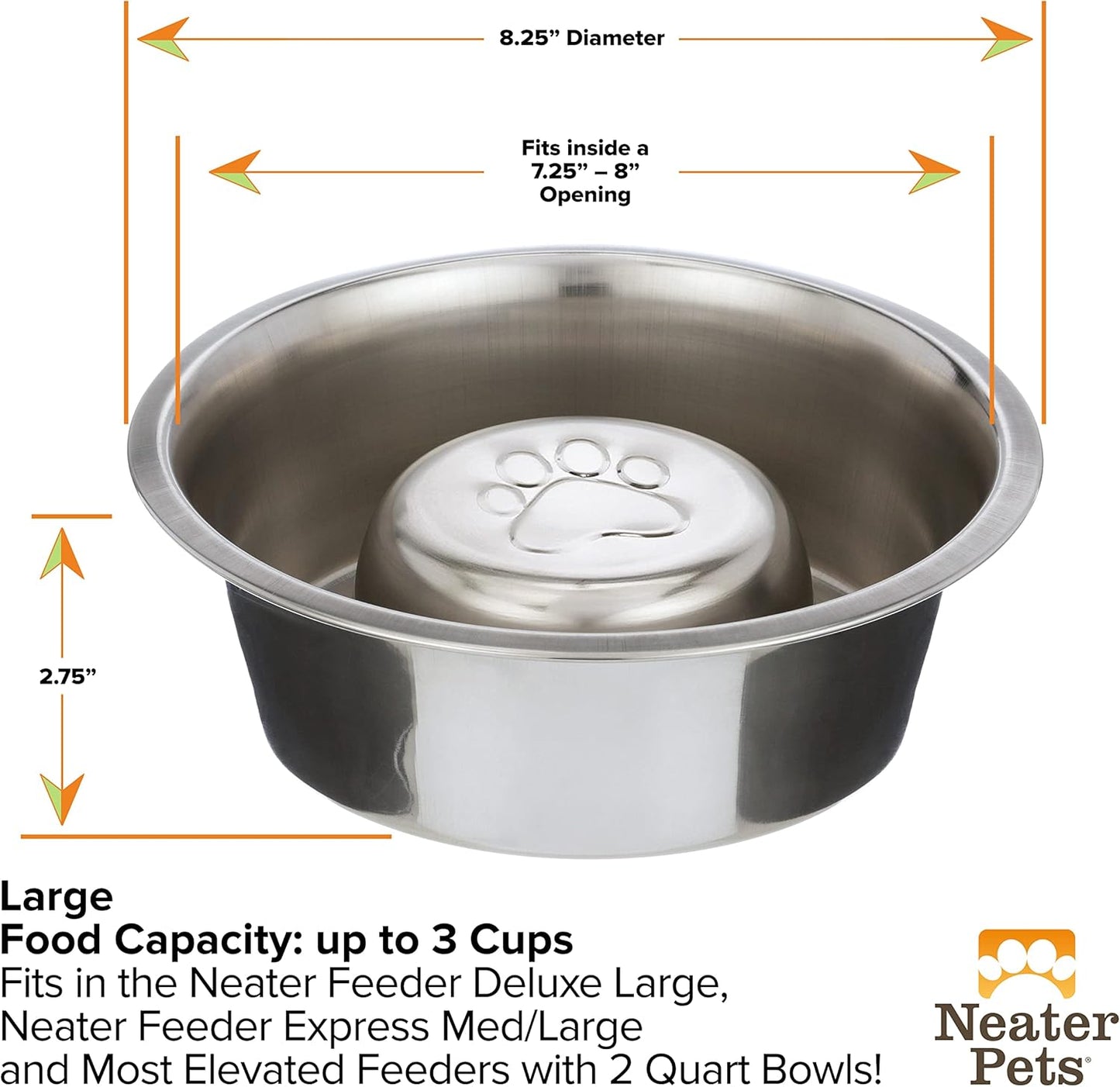 Stainless Steel Slow Feed Bowl for Dogs or Cats - Fits in Neater Feeders and Other Raised Feeders (3 Cup)