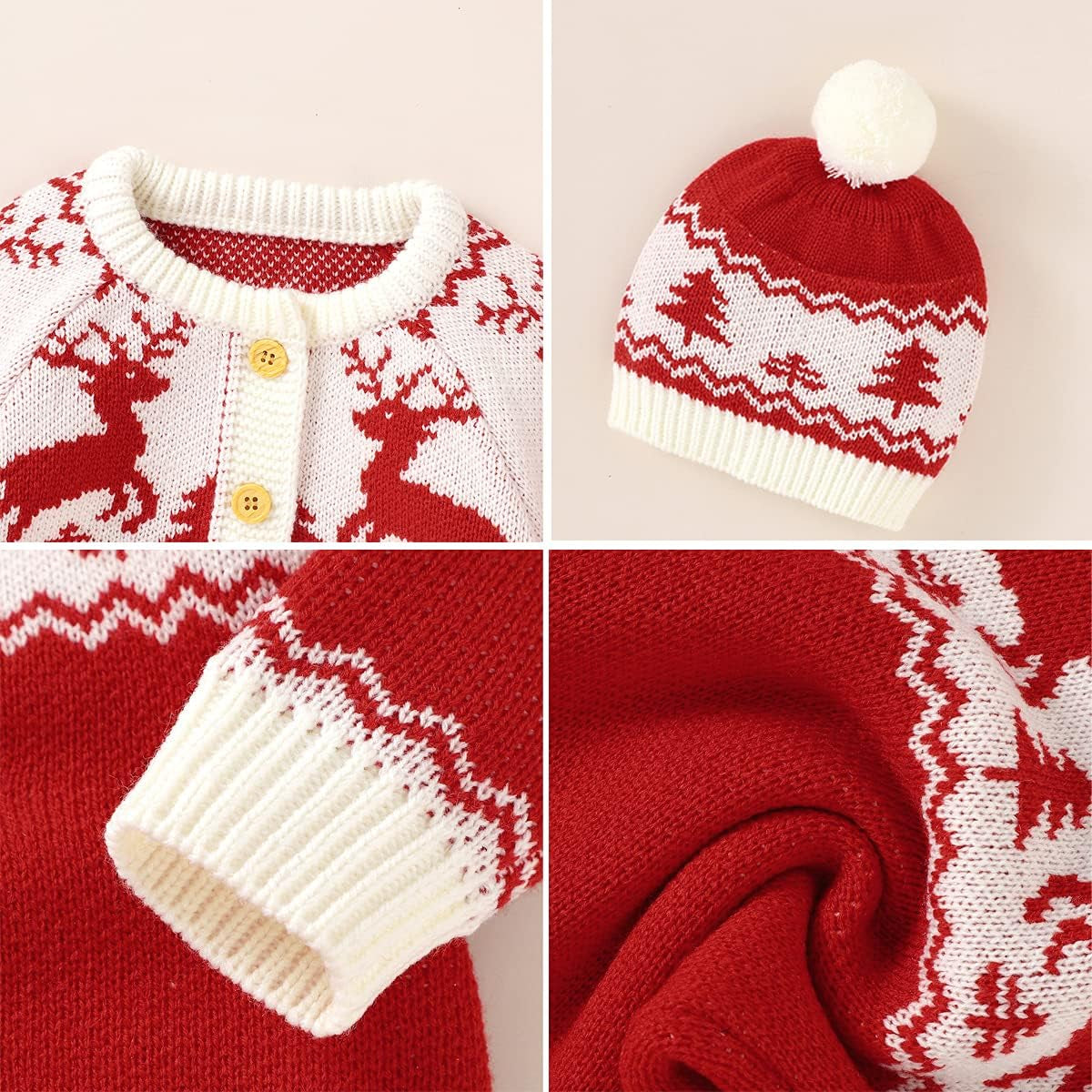 Baby Christmas Sweater Toddler Reindeer Jumpsuit 0-18 Months Baby Girl Christmas Outfit Baby Boy Clothes with Hat (Red, 0-3 Months)