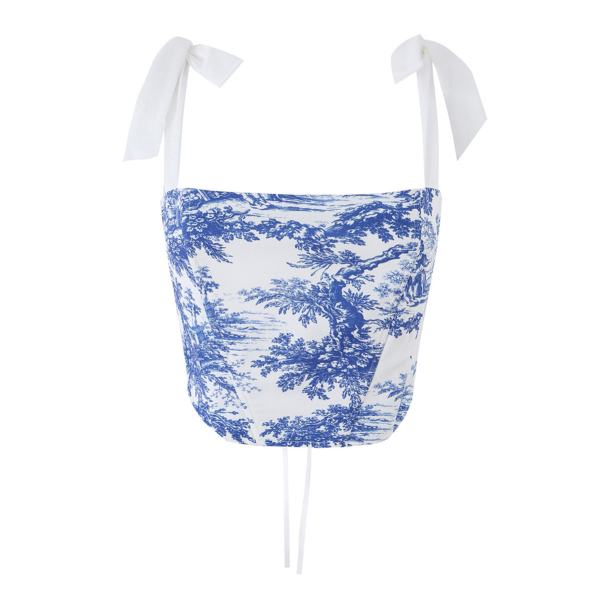 Island Fresh Blue Pattern Bow Corset Strap Top  Sexy Fitted Crop Top Bodysuit